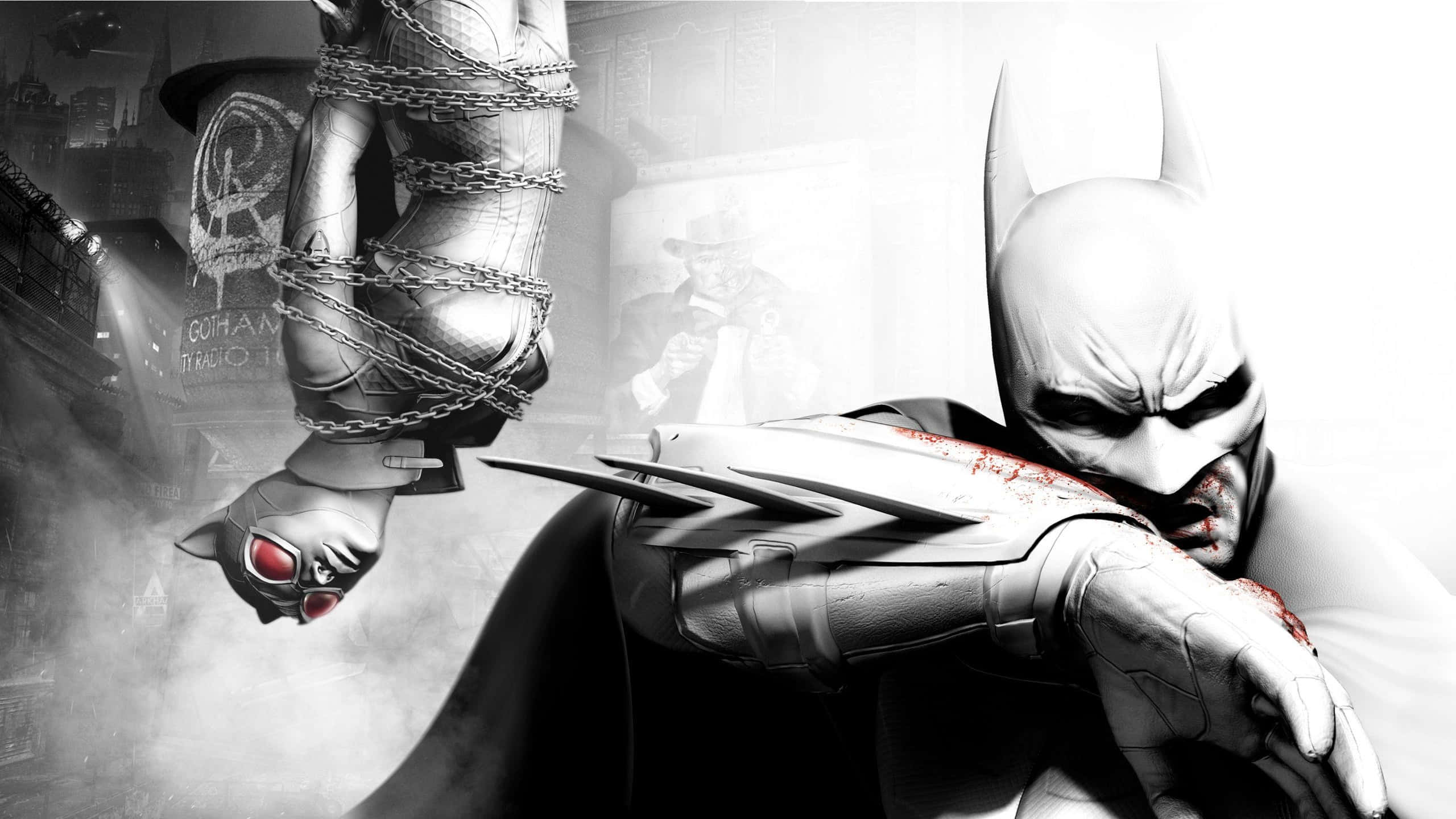 Catwoman 桌布 壁紙 — 蝙蝠俠在陰暗的城市環境中手持血淋淋的武士刀，而被鎖鏈束縛的貓女懸掛在他上方，構成戲劇性的黑色電影場景。