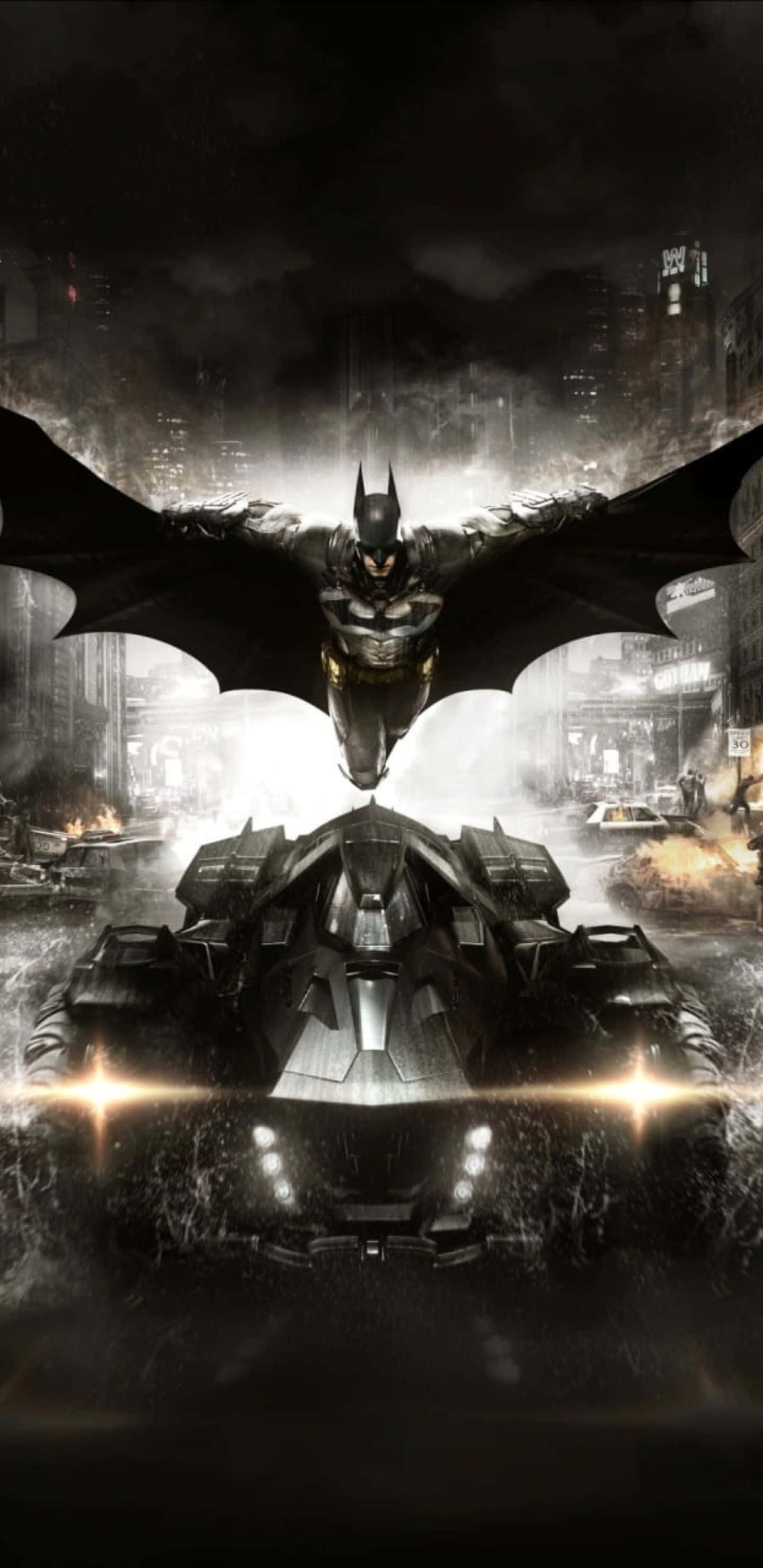 Pixel 3xl Batman Arkham City 桌布 壁紙 — 蝙蝠俠在雨夜的高譚市景觀中翱翔於他的裝甲蝙蝠車之上。