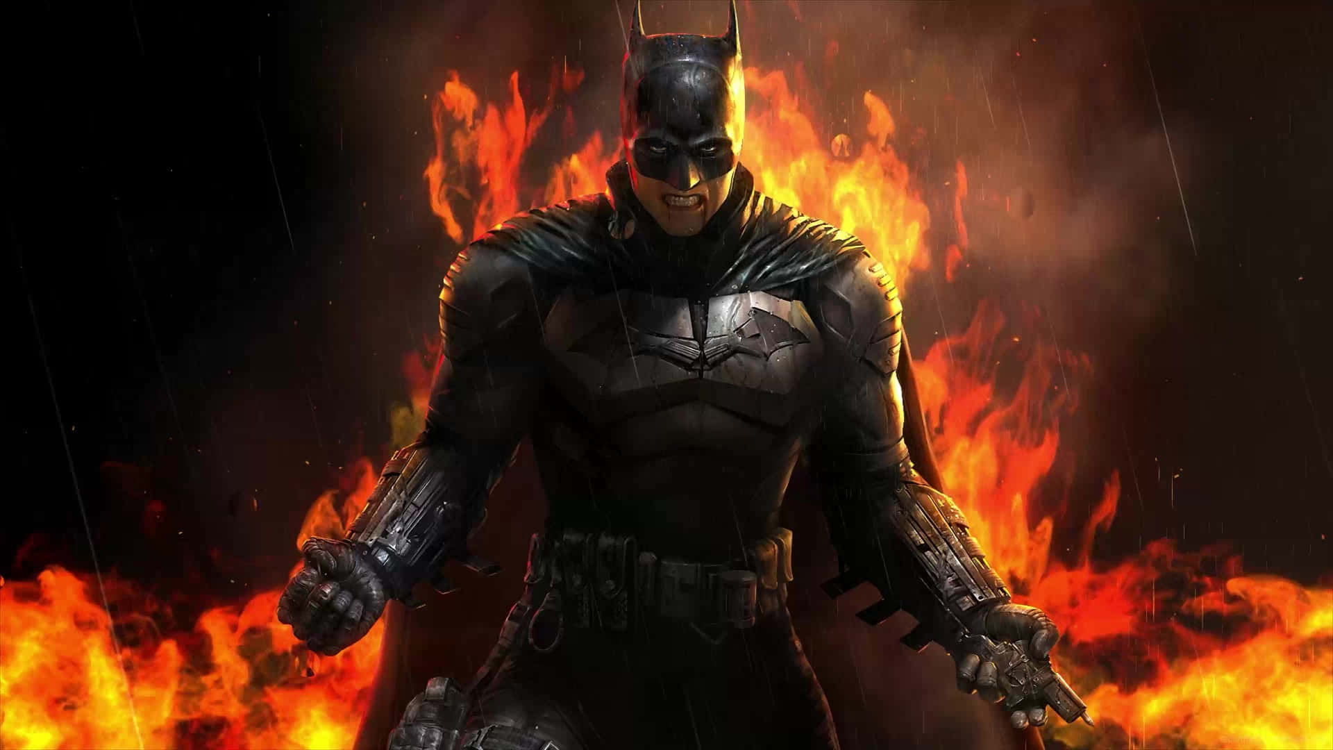 Bruce Wayne 桌布 壁紙 — 蝙蝠俠在雨水浸濕的地獄中挑釁地站立，身後火焰噴發，雨水劃過黑暗的天空。