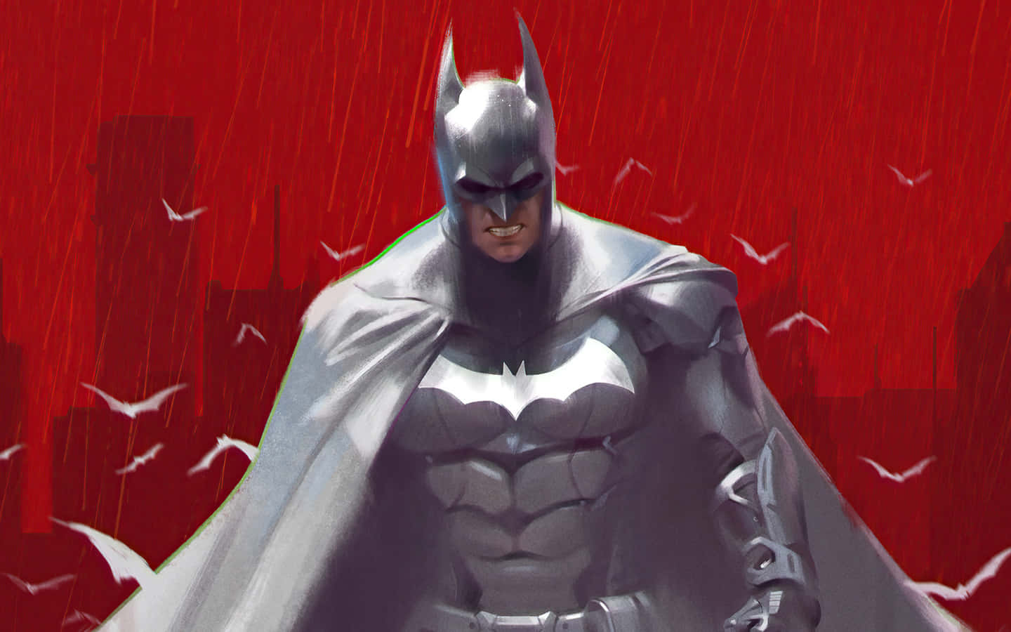 Batman Year One 桌布 壁紙 — 蝙蝠俠在雨濕的城市夜晚中挑釁地站立，天空泛紅，蝙蝠飛舞。
