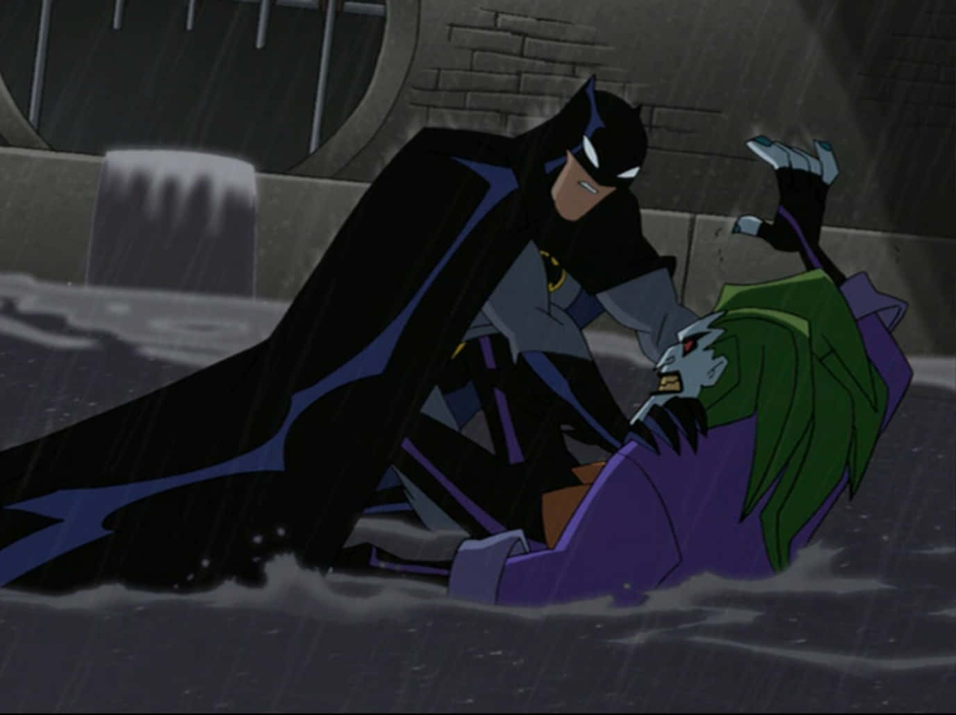 The Batman Vs Dracula 桌布 壁紙 — 蝙蝠俠在雨濕的小巷中與小丑對峙，戲劇性的燈光和粗糙的質感。