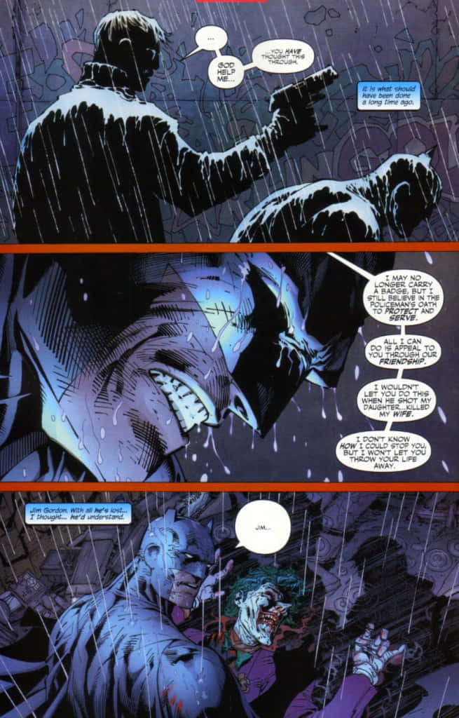 Batman Hush 桌布 壁紙 — 蝙蝠俠在雨濕的小巷中與小丑對峙，戲劇性的漫畫格展現激烈的對話和陰暗的表情。