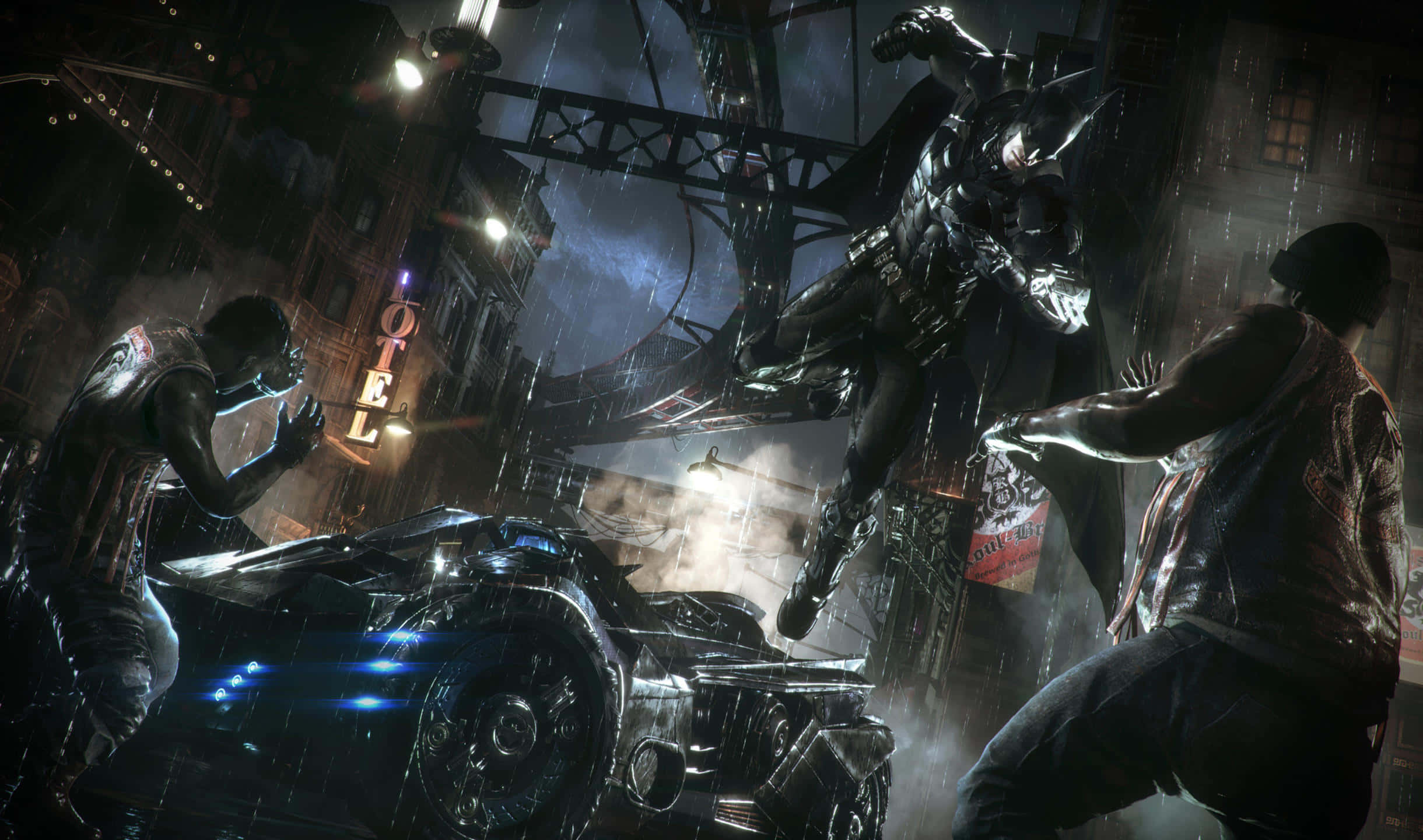 2440x1440 Batman Arkham City 桌布 壁紙 — 蝙蝠俠在雨濕的街道上跳躍，與他的裝甲蝙蝠車一起進行戲劇性的夜間戰鬥。