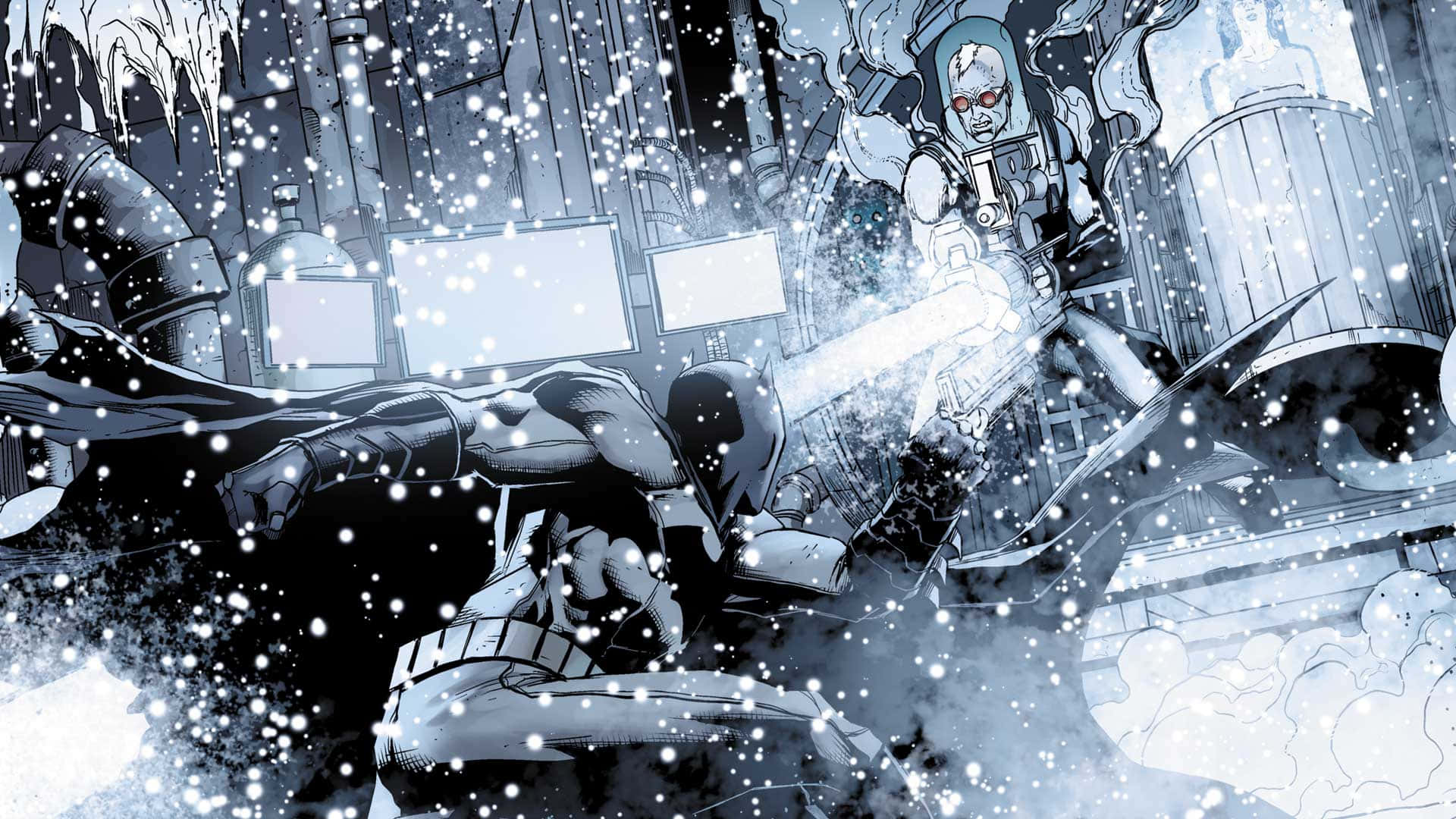 Mr Freeze 桌布 壁紙 — 蝙蝠俠在雪地工業環境中與機械敵人戰鬥，動態動作與強烈單色燈光。