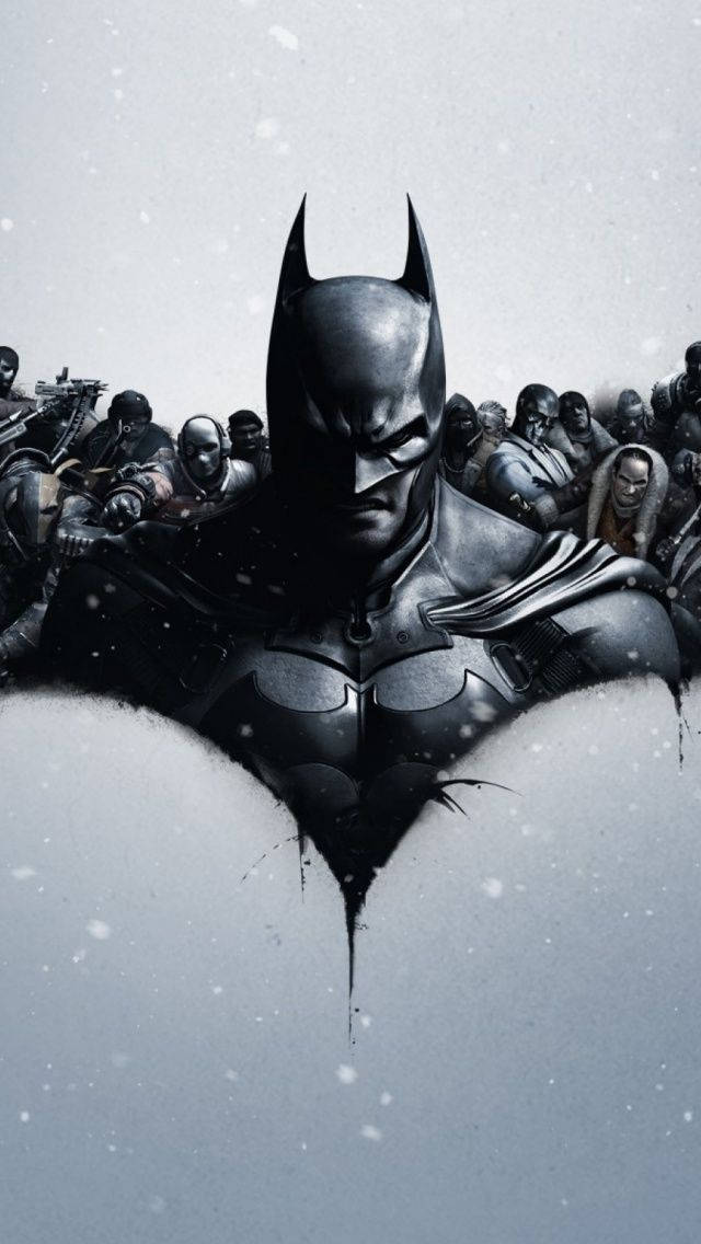 batman arkham city iPhone 桌布 壁紙 — 蝙蝠俠在雪景中堅定站立，一群威脅性的群眾包圍著他，呈現粗獷的漫畫風格。
