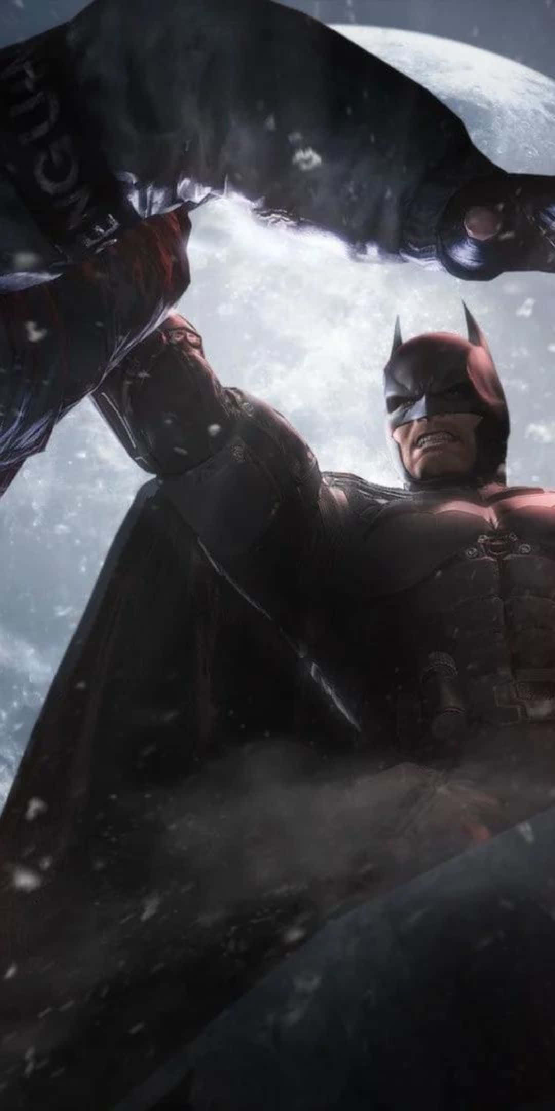 Pixel 3 Batman Arkham City 桌布 壁紙 — 蝙蝠俠在雪景背景下向上攀爬，身後懸掛著一輪巨大的月亮。