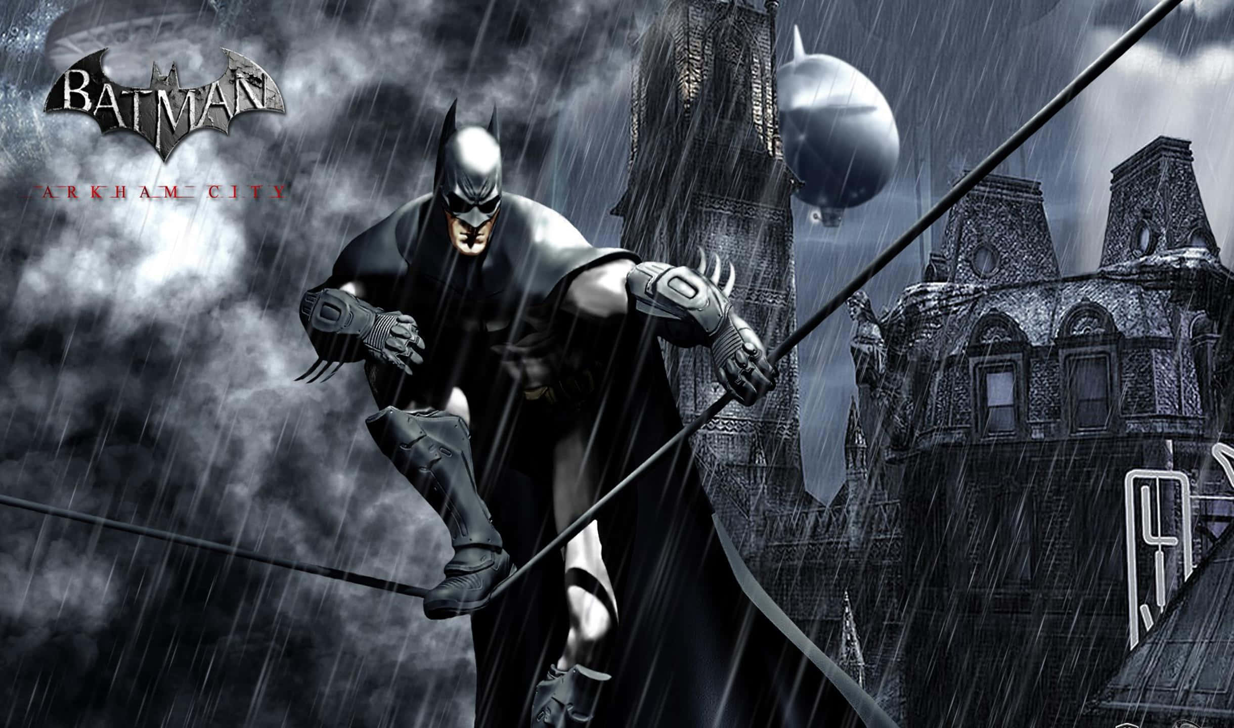 2440x1440 Batman Arkham City 桌布 壁紙 — 蝙蝠俠在風雨交加的天空下，穿過濕透的高譚市城市景觀，背景中有一架飛行的蝙蝠形車輛。