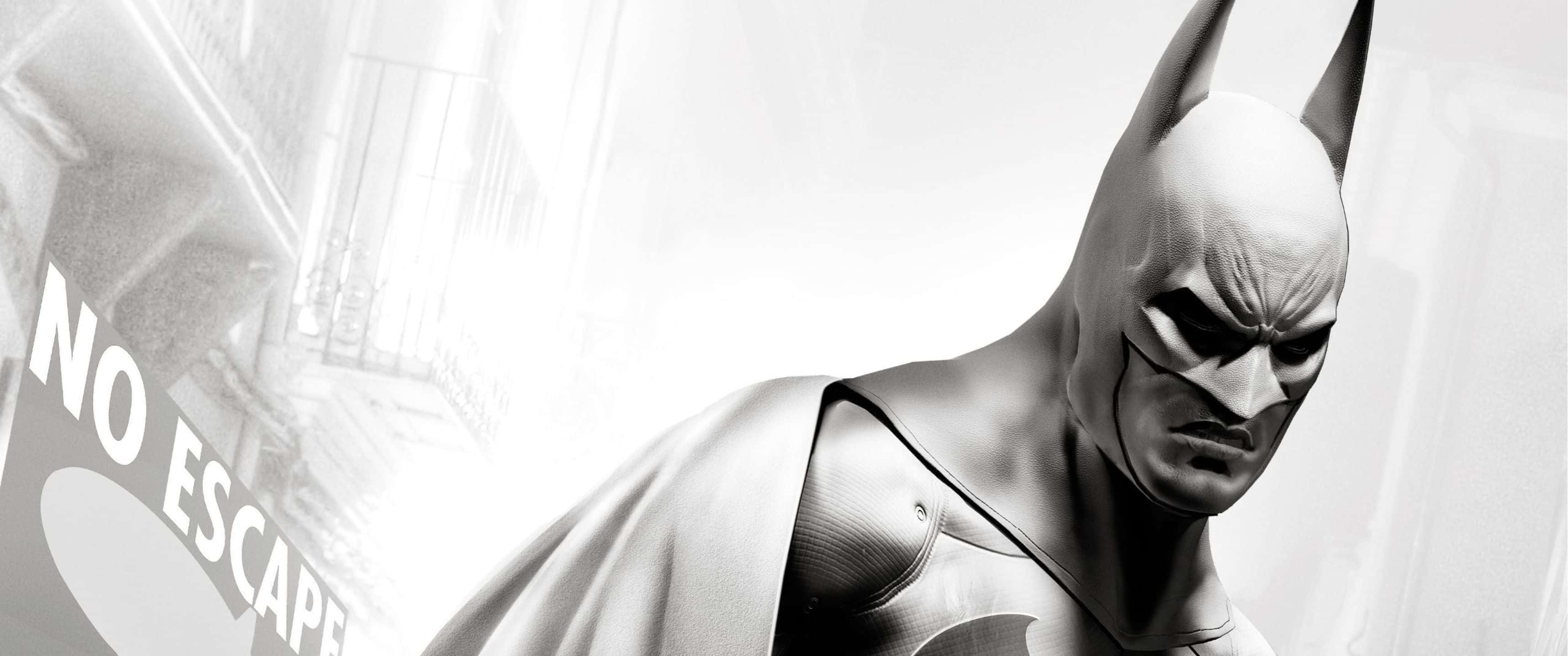 3440x1440p Batman Arkham City 桌布 壁紙 — 蝙蝠俠在高對比度的黑白城市場景中強烈凝視，並可見'NO ESCAPE'文字。
