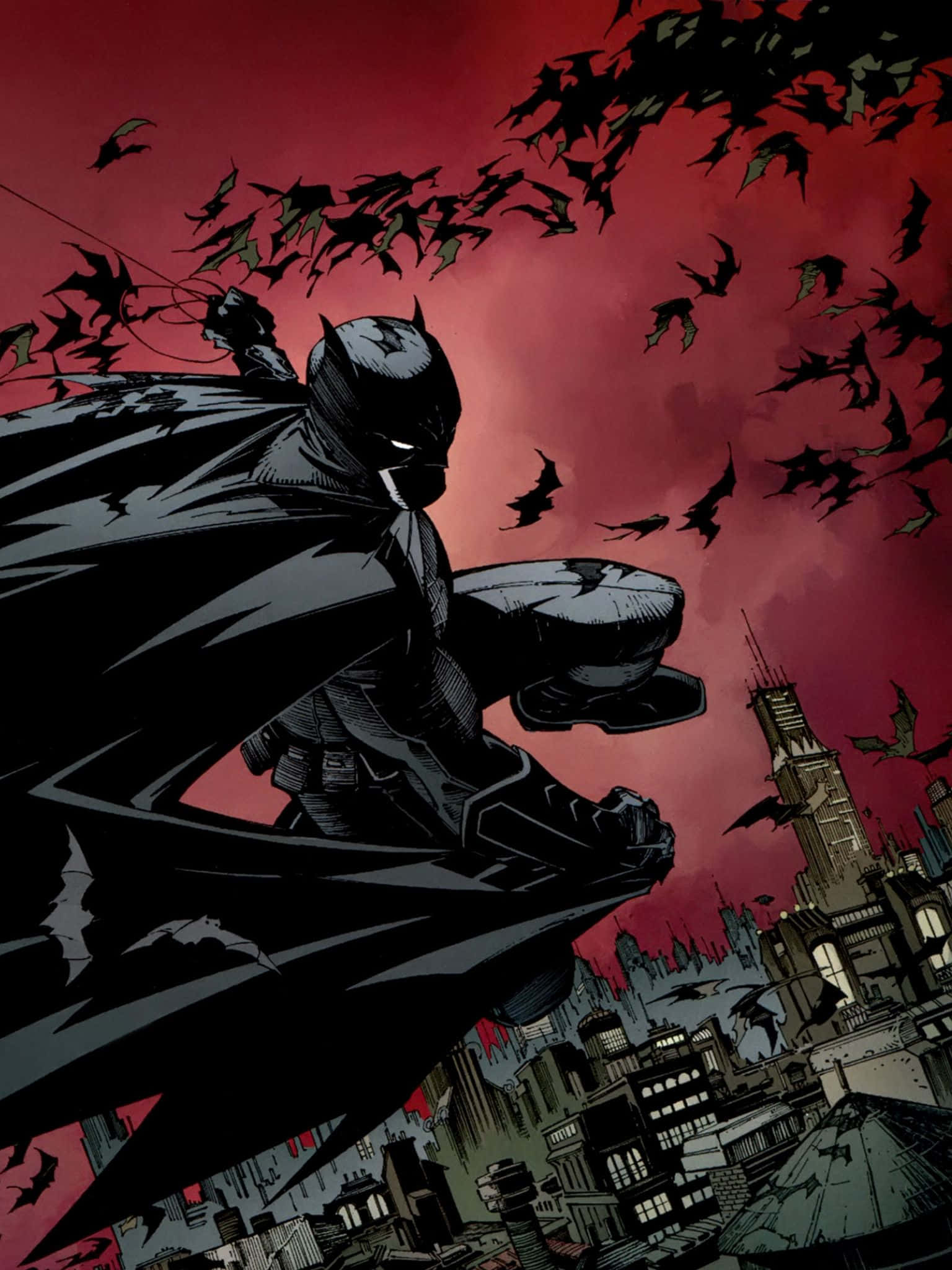 Batman The New 52 桌布 壁紙 — 蝙蝠俠在高譚市上空翱翔，一群蝙蝠在血紅色的天空下飛舞。