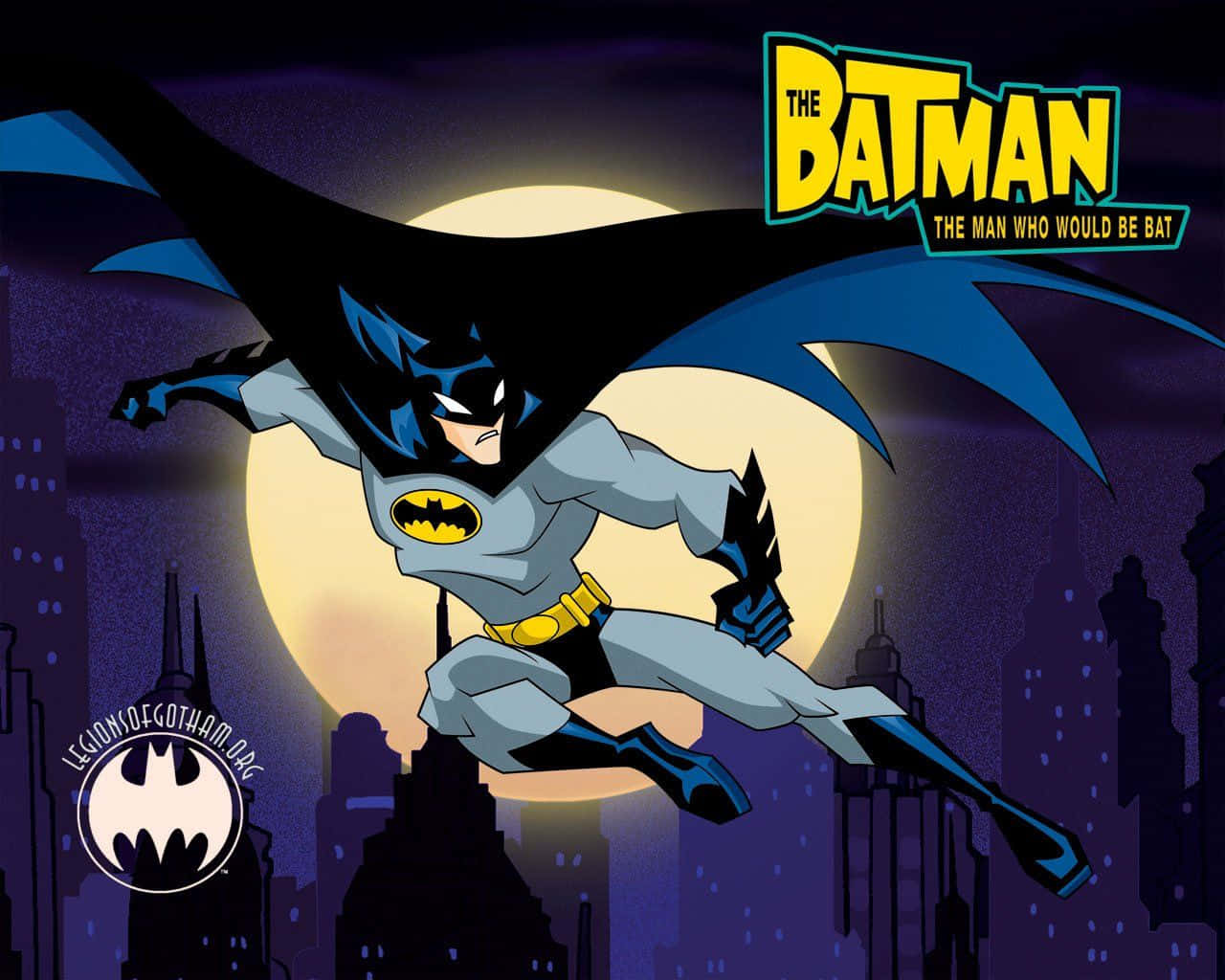 Batman Cartoon 桌布 壁紙 — 蝙蝠俠在高譚市的夜空中翱翔，斗篷張開，背後是一輪明亮的滿月。