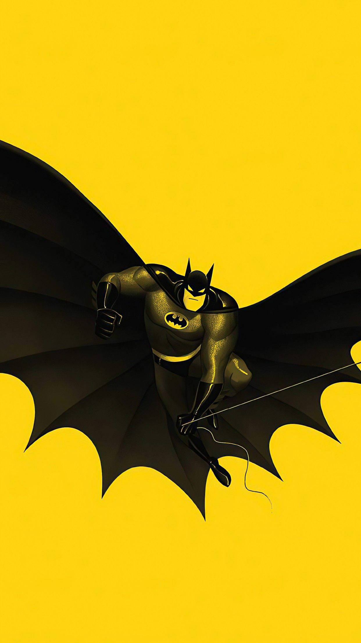 The Batman iPhone 桌布 壁紙 — 蝙蝠俠在鮮黃色背景下動態翱翔，斗篷張開，抓鉤繩伸展。