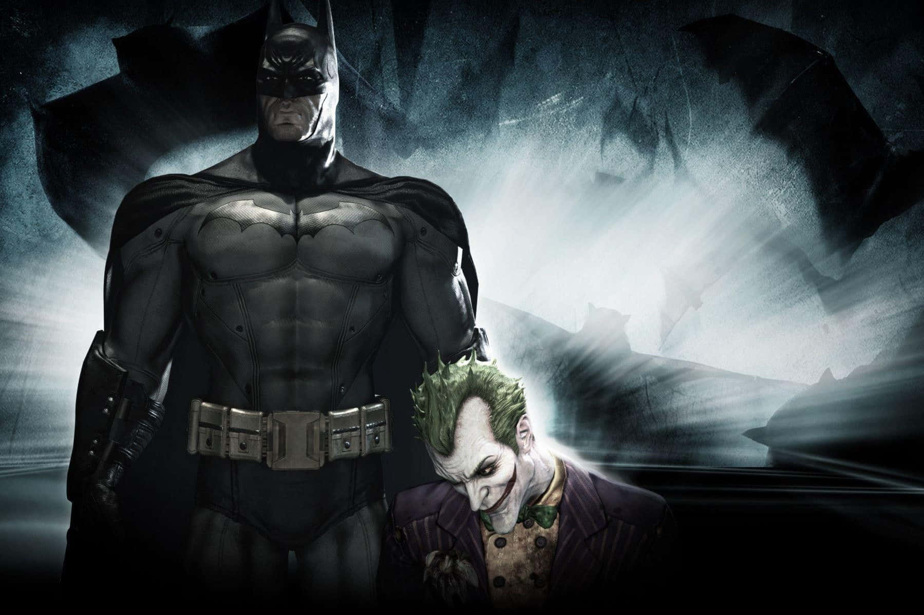 Joker Comic 桌布 壁紙 — 蝙蝠俠在黑暗暴風雨的哥譚中威嚴地站在小丑之上，帶有戲劇性的背光和蝙蝠剪影。
