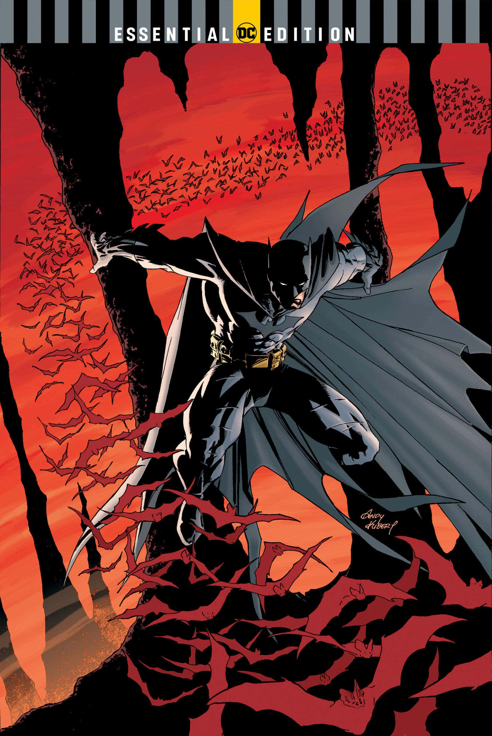 The League Of Assassins 桌布 壁紙 — 蝙蝠俠在黑暗洞穴中蓄勢待發，蝙蝠群在熾熱的紅色背景下飛舞，斗篷戲劇性地飄揚。