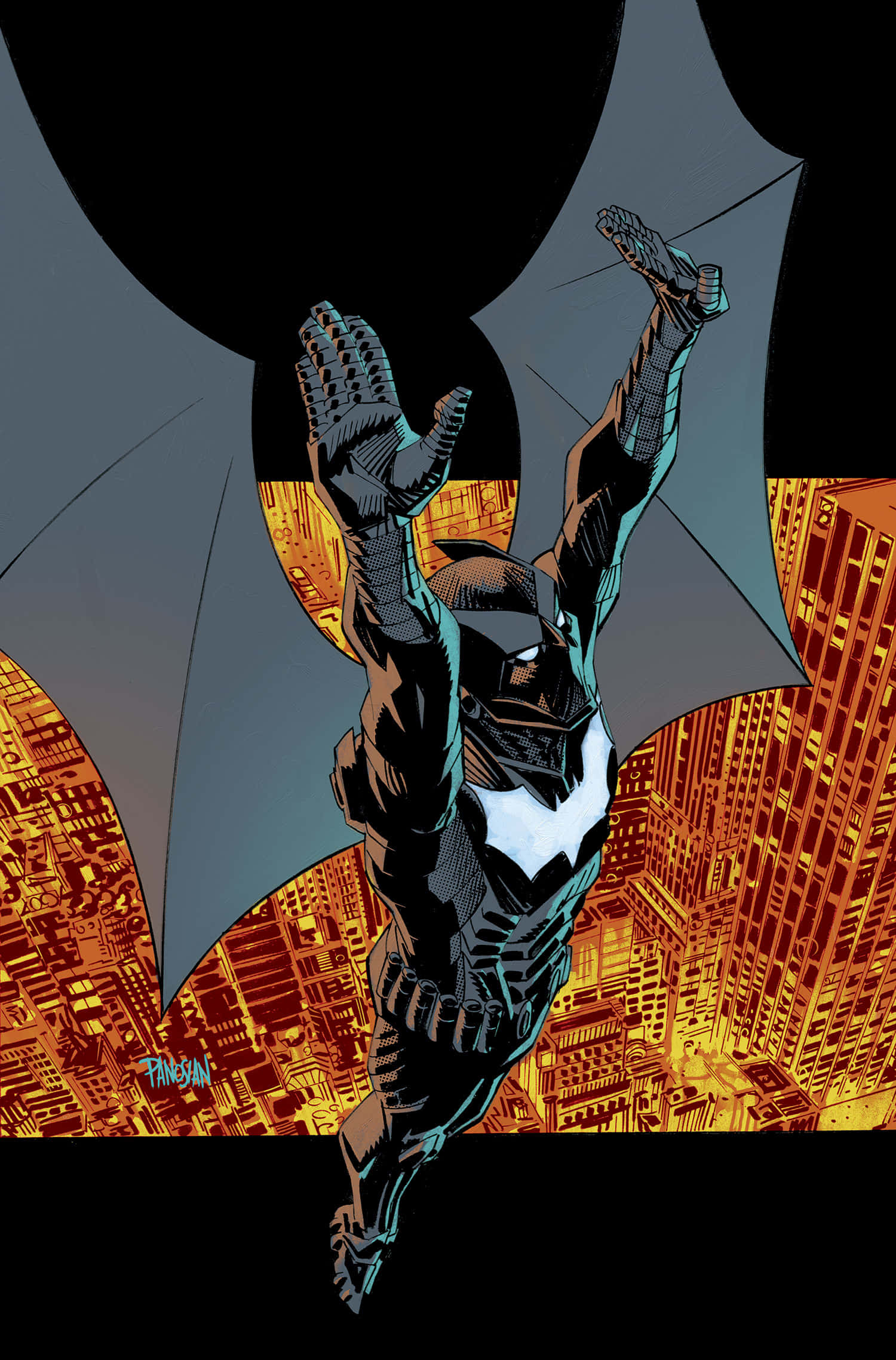 Batwing 桌布 壁紙 — 蝙蝠俠在黑暗的天空中展開斗篷，翱翔於發光的橙色城市景觀之上。