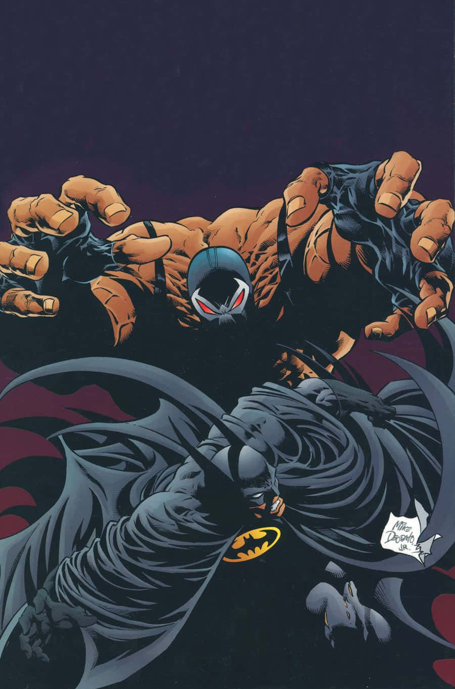 Batman Knightfall 桌布 壁紙 — 蝙蝠俠在黑暗的漫畫格中面對一個擁有發光紅眼和伸出利爪的怪物共生體。