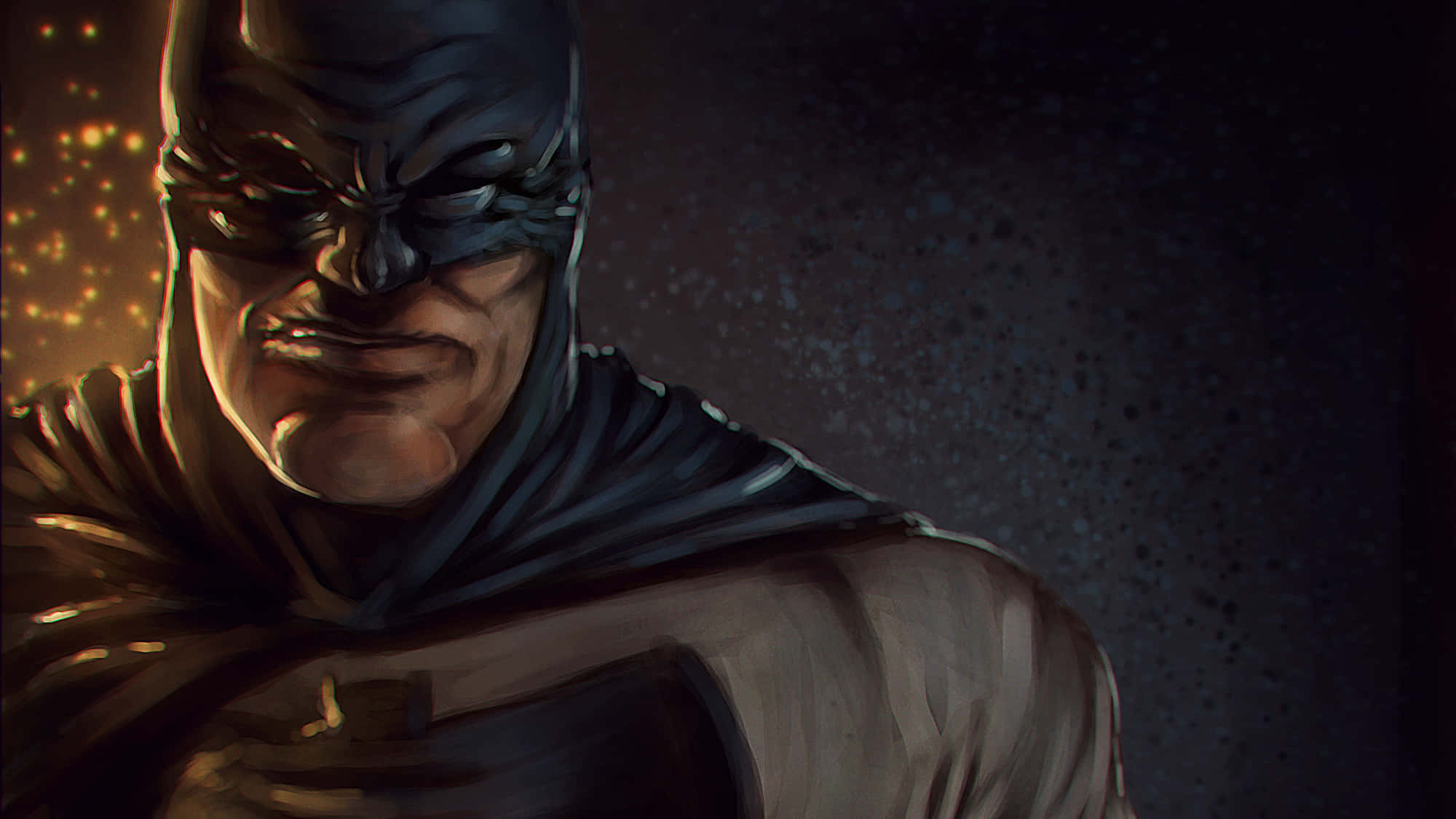 Batman The Dark Knight Returns 桌布 壁紙 — 蝙蝠俠在黑暗粗糙的數位藝術肖像中凝視，身後有金色火花閃耀。