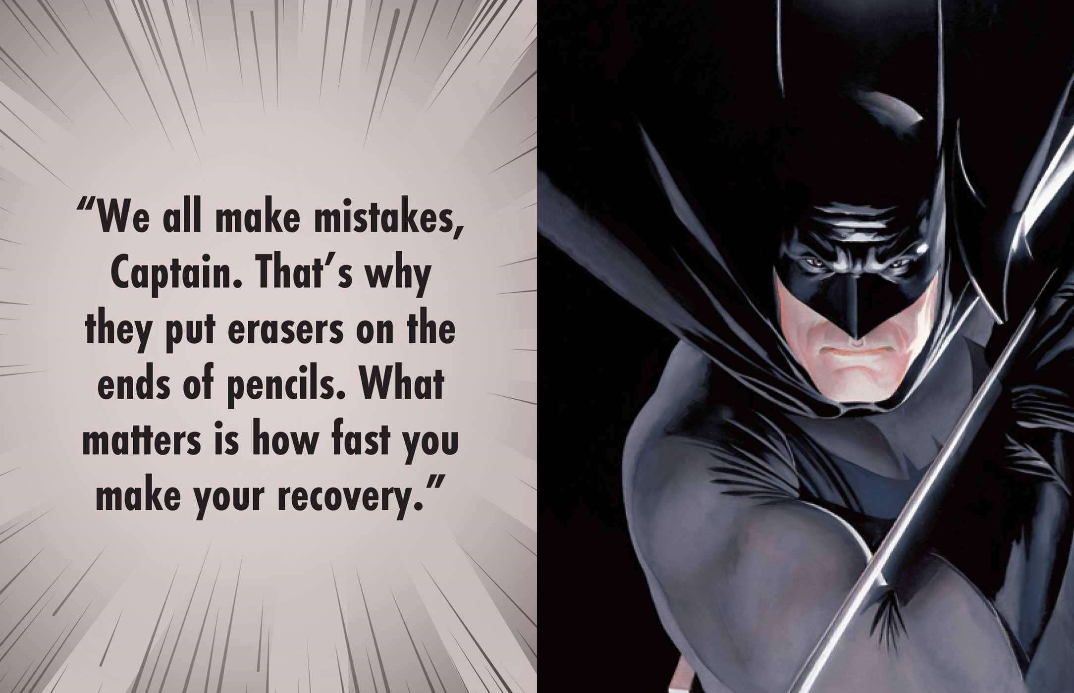 batman quotes 桌布 壁紙 — 蝙蝠俠在黑暗背景前，旁邊有一個關於康復和錯誤的漫畫風格引言，他凝視著。