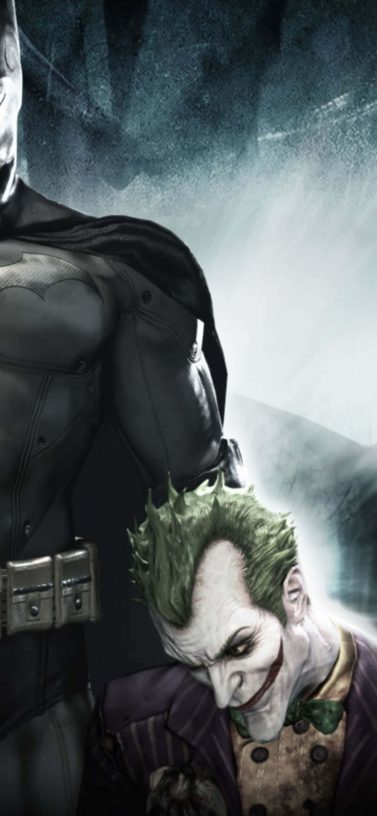 iPhone Xs Max Batman Arkham City 桌布 壁紙 — 蝙蝠俠在黑暗迷霧場景中籠罩著小丑，戲劇性燈光與強烈表情。