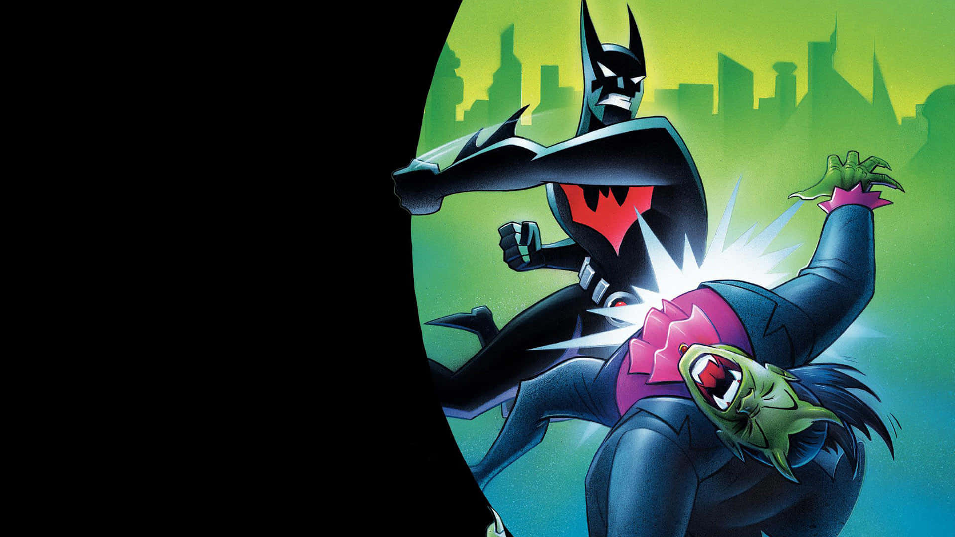 Batman Beyond Return Of The Joker 桌布 壁紙 — 蝙蝠俠在黑色框住的鮮綠色城市景觀中攻擊發光的敵人。
