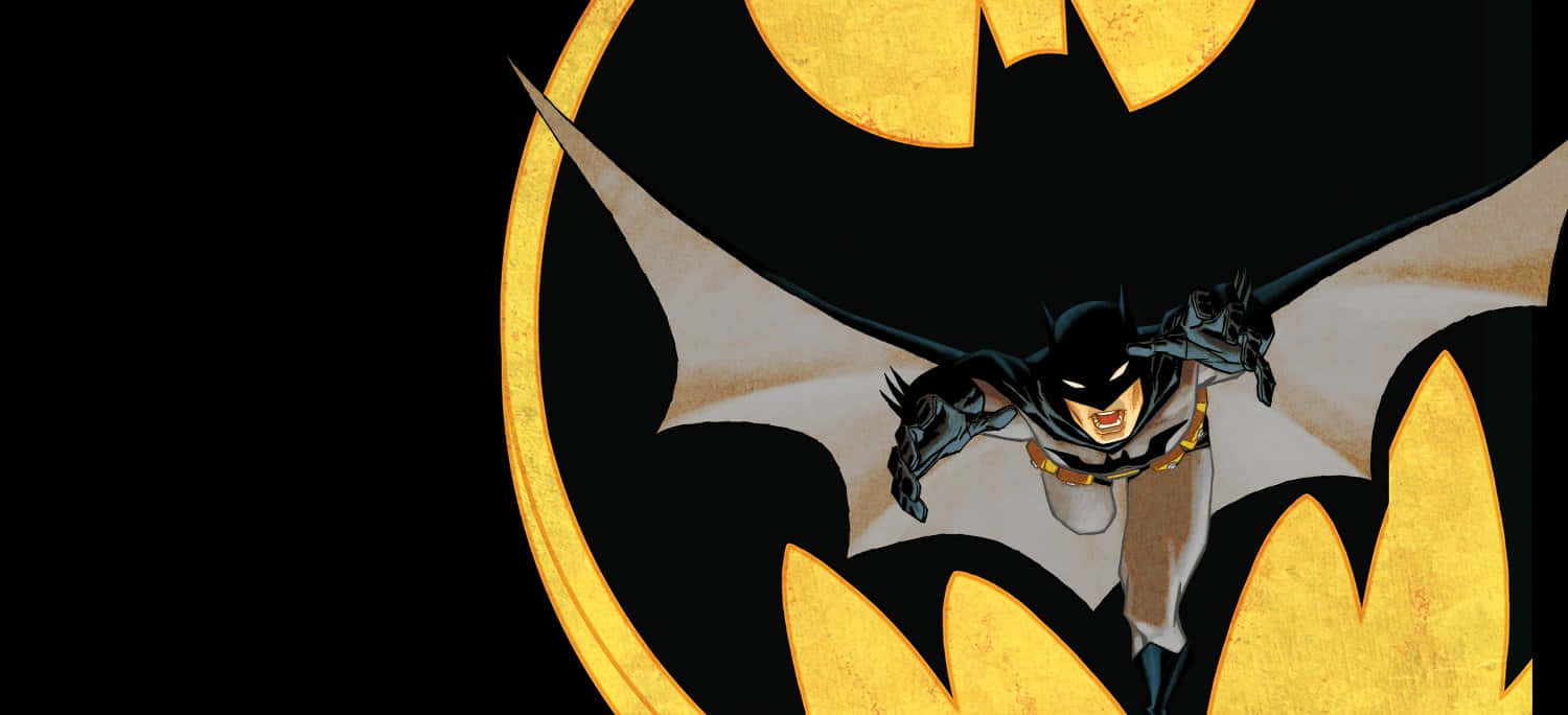 Batman Year One 桌布 壁紙 — 蝙蝠俠在黑色背景上，被發光的黃色蝙蝠標誌框住，動態翱翔。