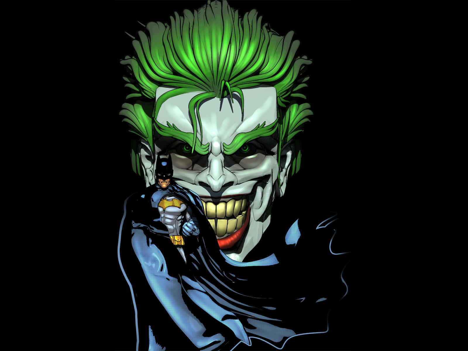 Evil Joker 桌布 壁紙 — 蝙蝠俠在黑色背景前，挑釁地站在綠髮白臉的小丑那陰森咧嘴的臉孔前。