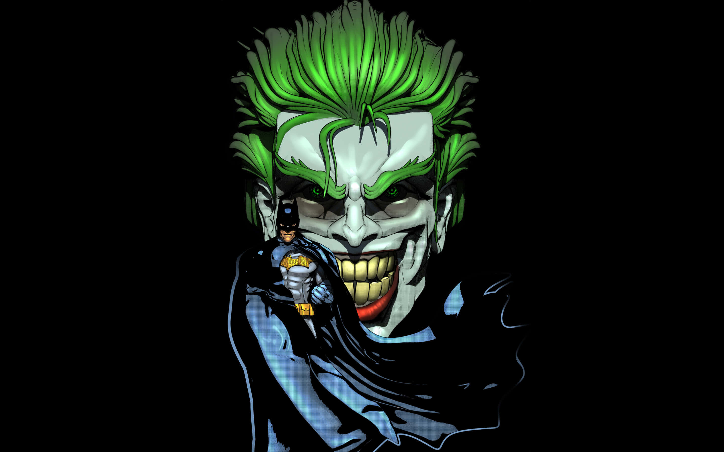 The Joker Comic 桌布 壁紙 — 蝙蝠俠在黑色背景前，挑釁地站在高聳、咧嘴笑的小丑面前，小丑有綠色頭髮和白色臉龐。
