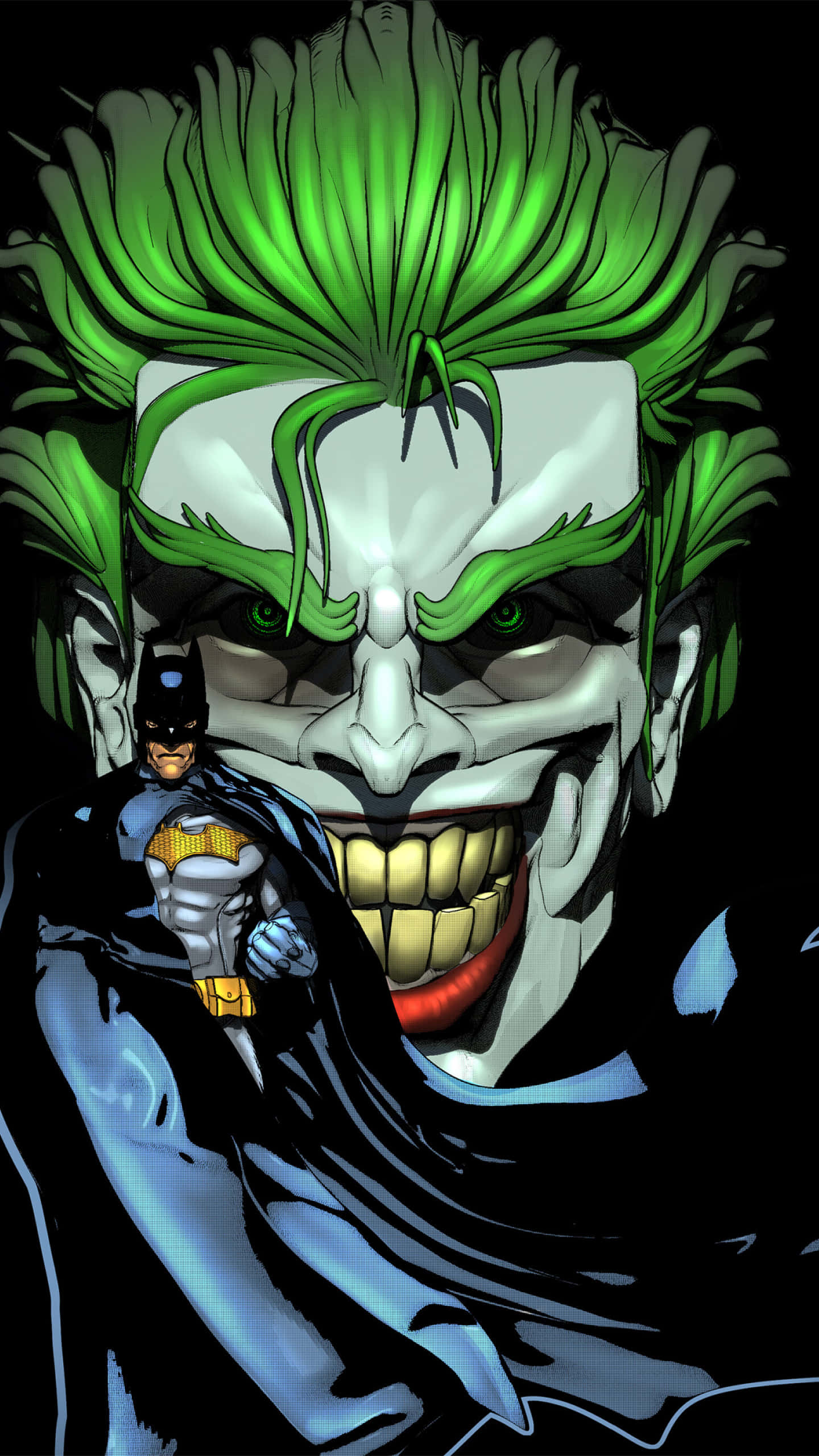 Batman Comics 桌布 壁紙 — 蝙蝠俠在黑色背景前，挑釁地站在高聳、咧嘴大笑、綠髮白臉的小丑面前。