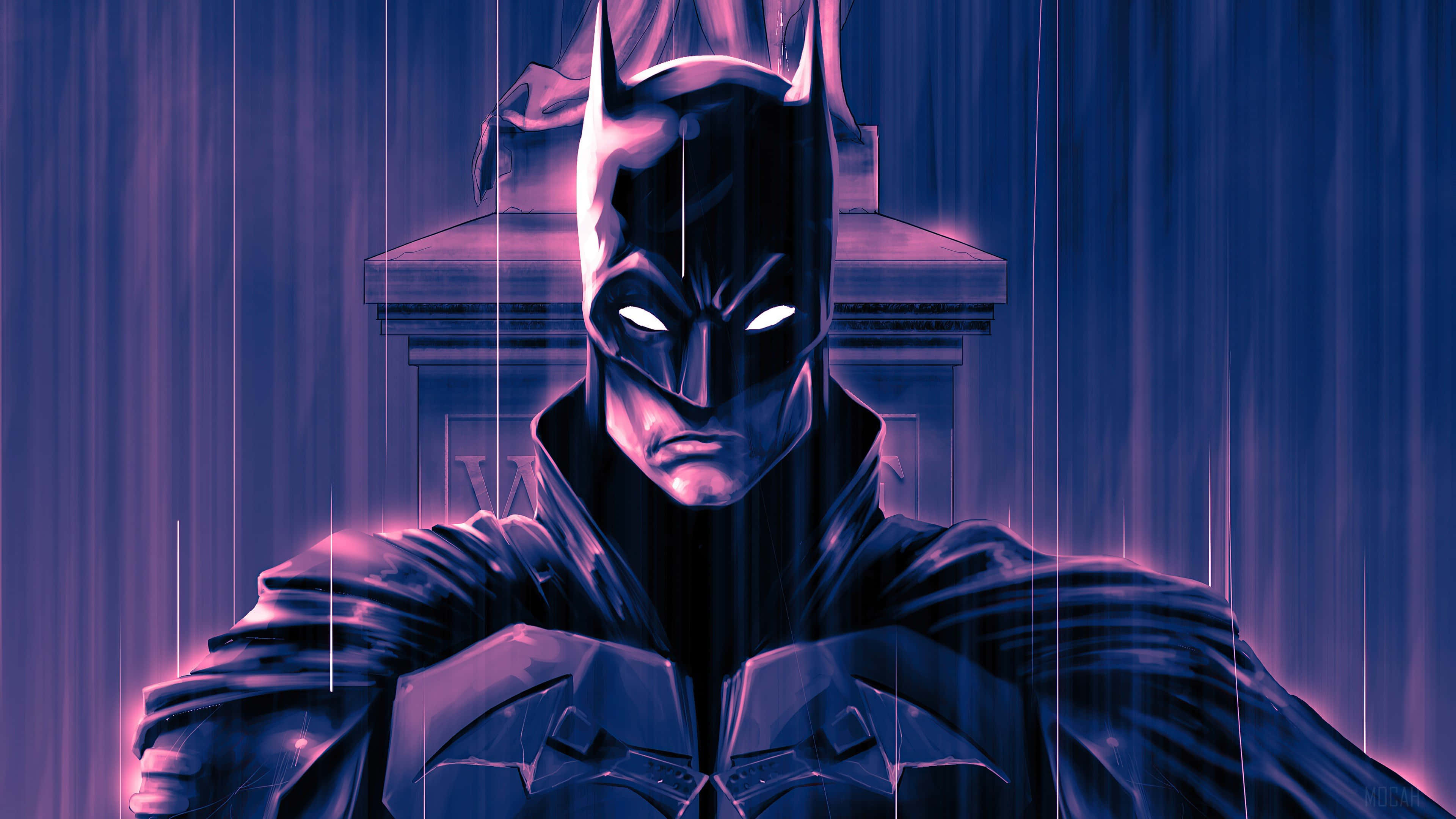 Awesome Batman 桌布 壁紙 — 蝙蝠俠堅定地站在濕透的高譚市小巷中，他發光的眼睛穿透了霓虹燈浸染的夜晚。