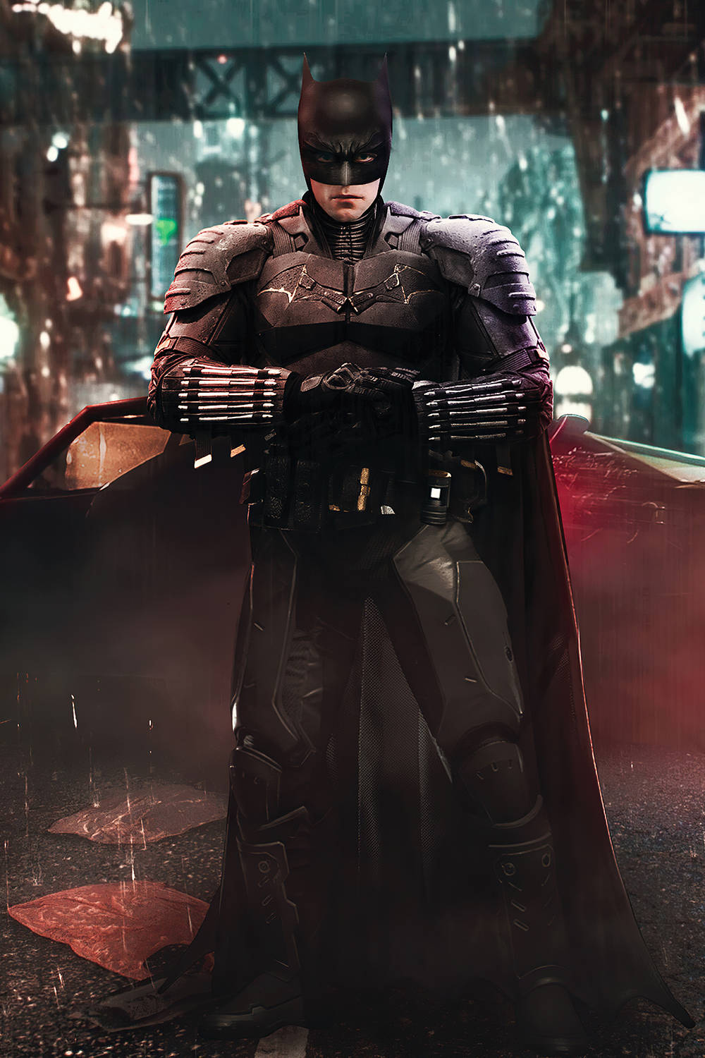 The Batman iPhone 桌布 壁紙 — 蝙蝠俠堅定地站在被雨水浸透的城市小巷中，他的裝甲服在霓虹燈下閃閃發光。