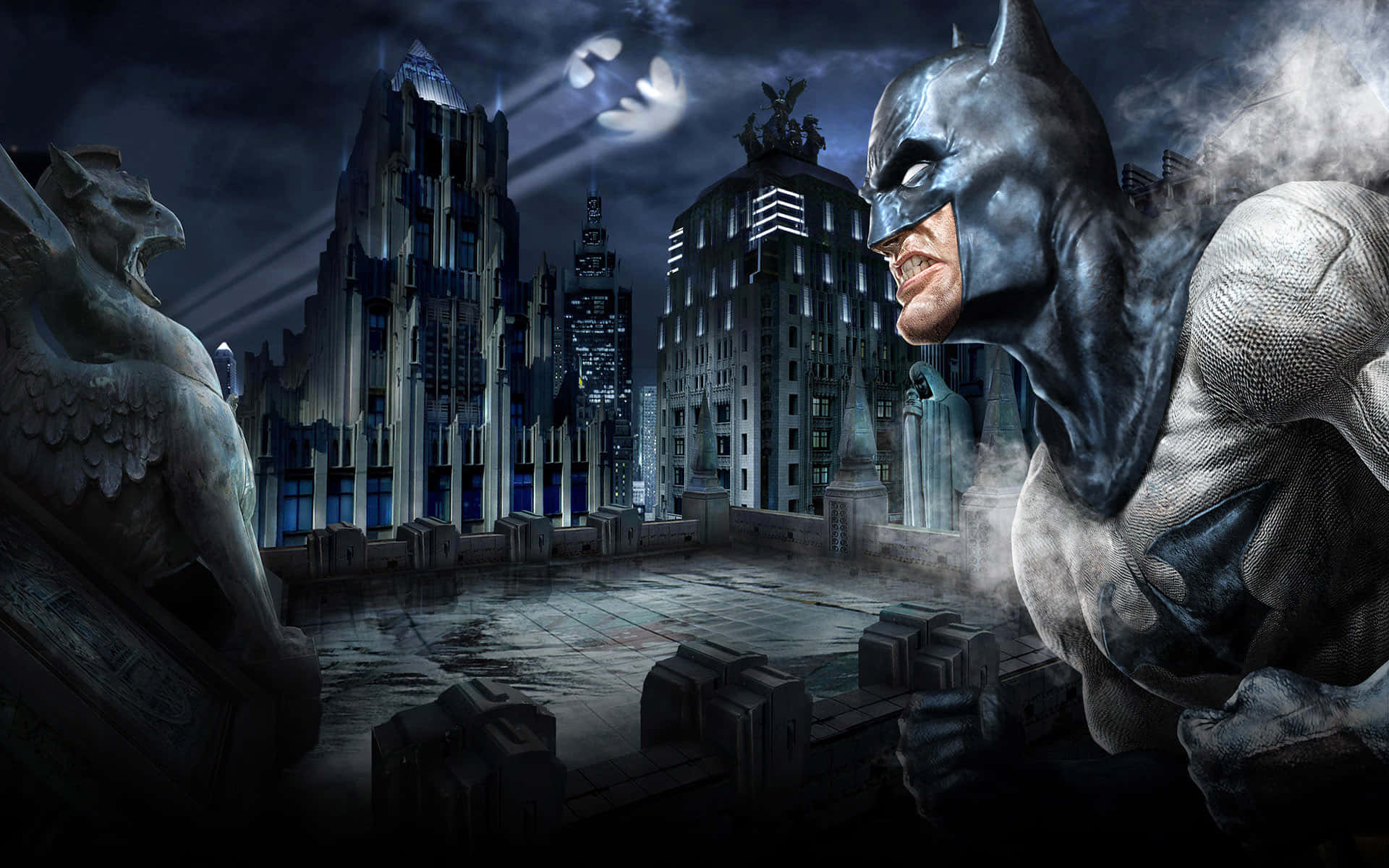 Bat Signal 桌布 壁紙 — 蝙蝠俠夜晚站在屋頂上，俯瞰著哥德式城市景觀，月亮上有蝙蝠標誌。