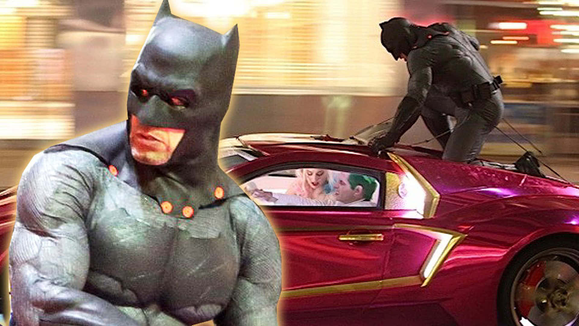 Batmobile Desktop 桌布 壁紙 — 蝙蝠俠威嚇地站在一輛疾馳的紅色汽車旁邊，另一名蝙蝠俠爬上其車頂，車內一對情侶正在接吻。