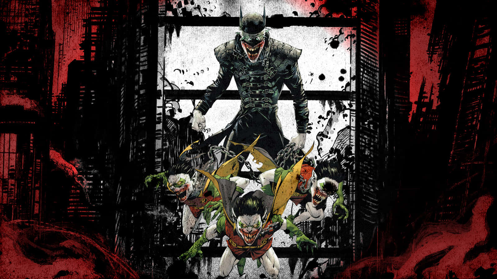 The Batman Who Laughs 桌布 壁紙 — 蝙蝠俠威嚇地站在破碎的窗框中，多個小丑惡棍在混亂、血跡斑斑的漫畫場景中向前湧現。