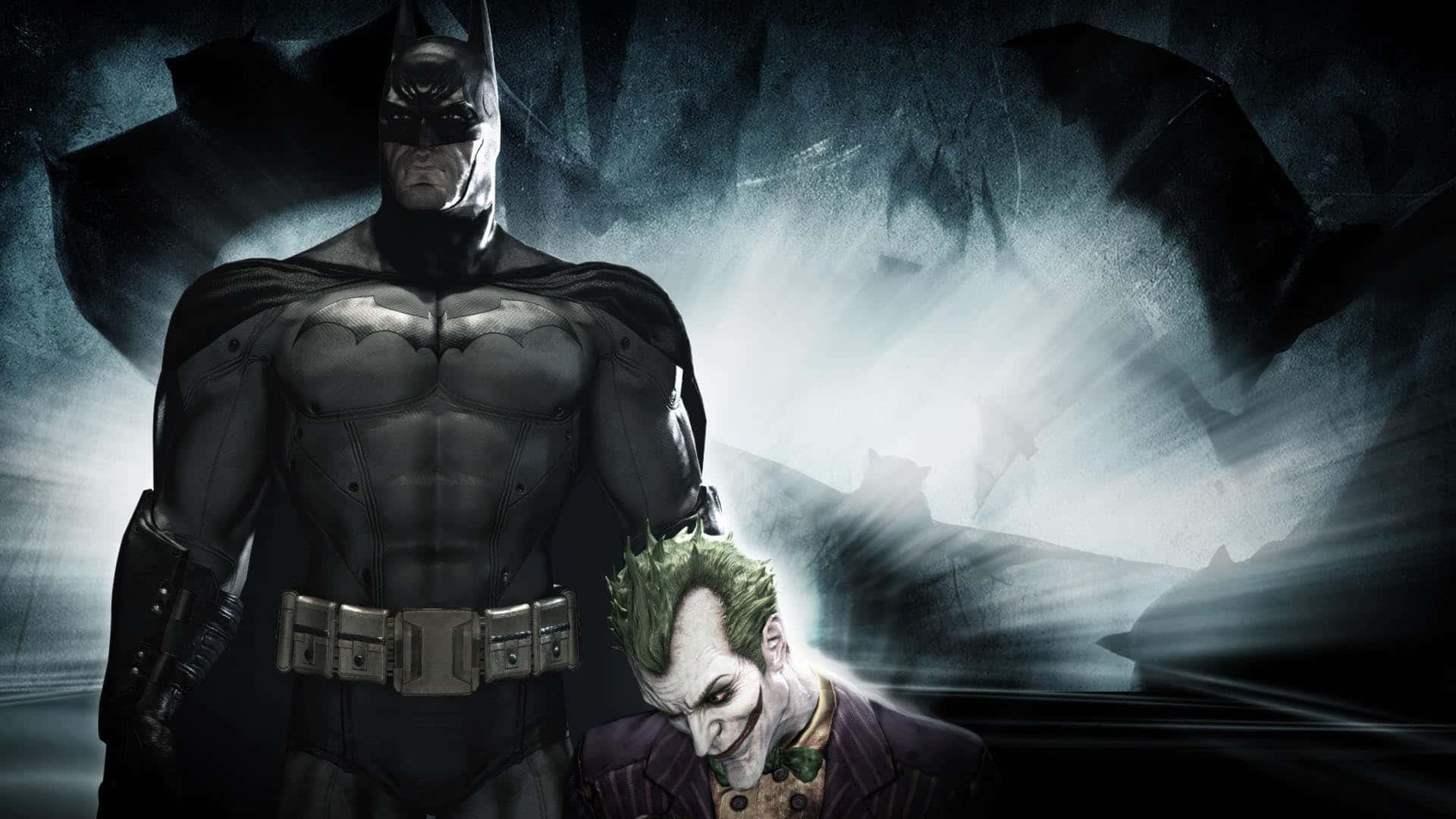 1920 X 1080 Batman 桌布 壁紙 — 蝙蝠俠威風凜凜地站在小丑之上，背景是黑暗風暴，燈光效果戲劇性。