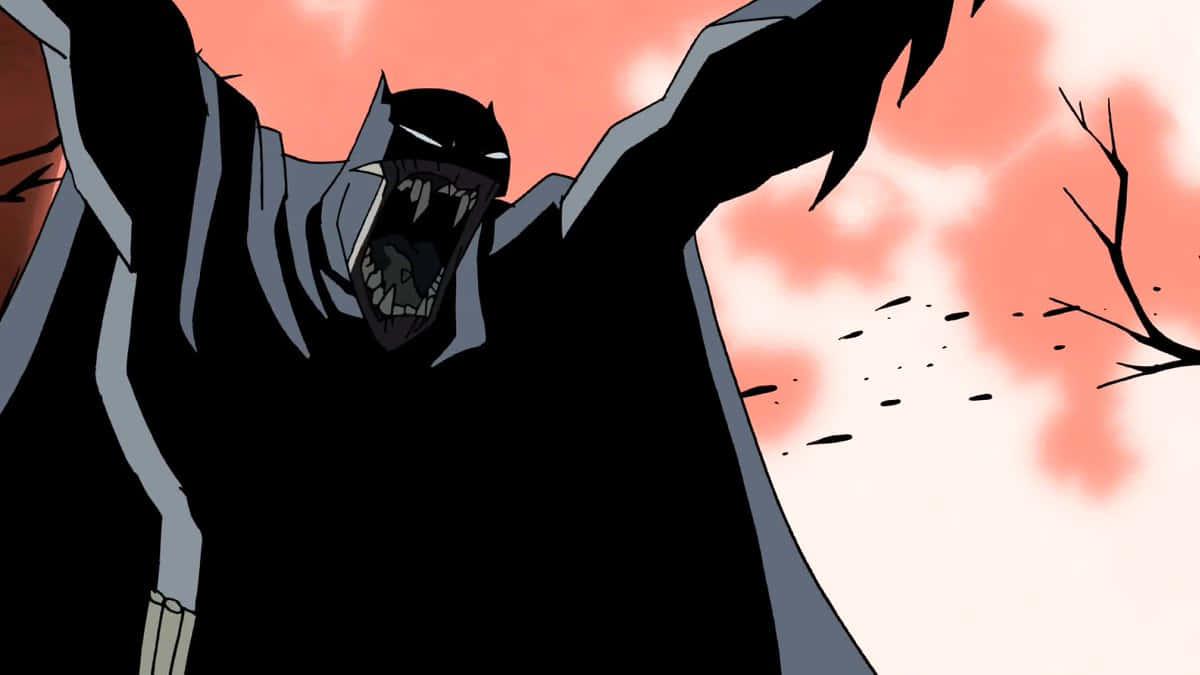 The Batman Vs Dracula 桌布 壁紙 — 蝙蝠俠對著血橙色的天空怒吼，光禿的樹枝框住他黑暗的剪影。