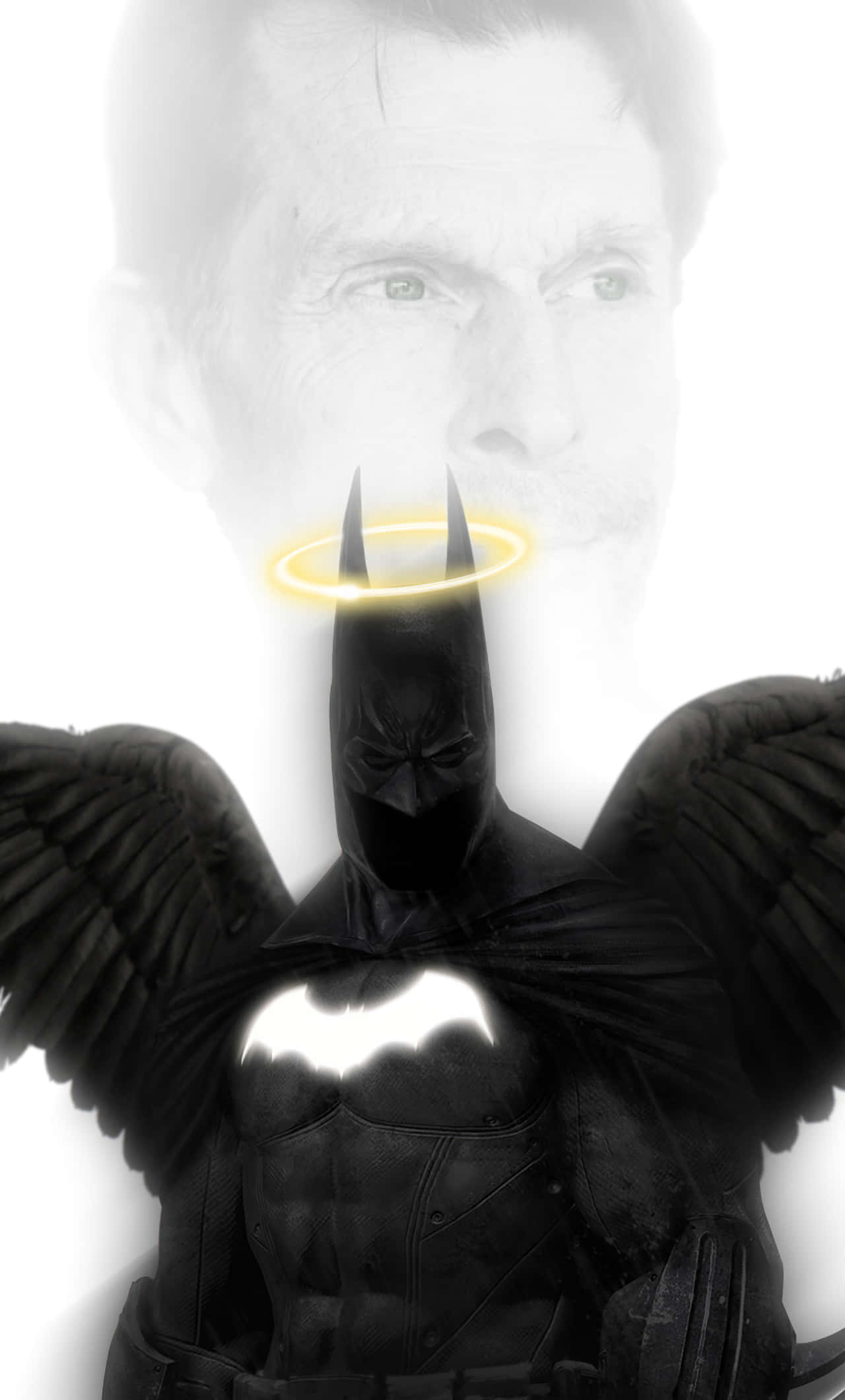 Kevin Conroy 桌布 壁紙 — 蝙蝠俠帶著天使翅膀和光環，站在一個鬼魅般的米高·肯恩飾演的蝙蝠俠面前，背景是純白色。