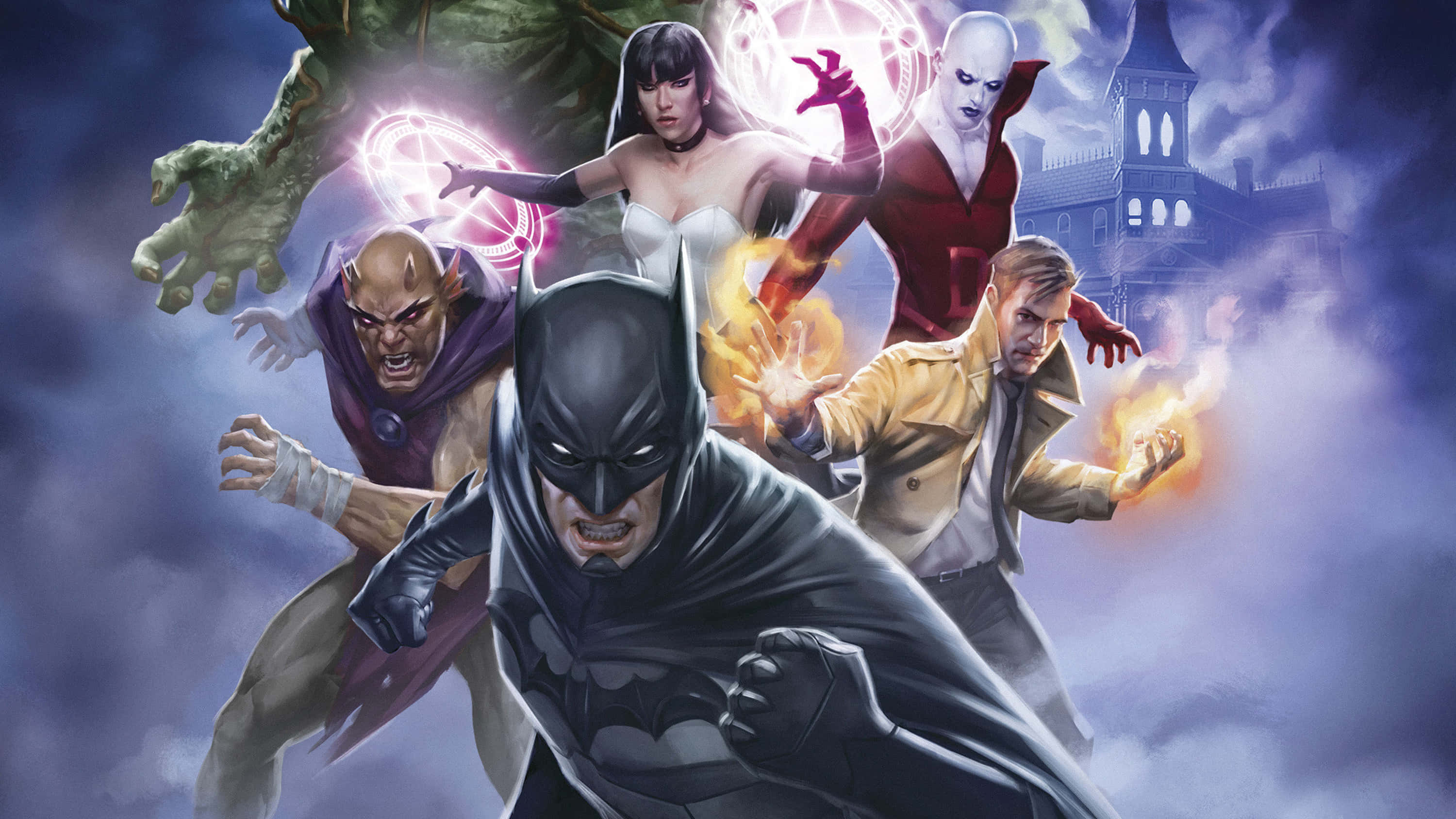 The Justice League Dark 桌布 壁紙 — 蝙蝠俠帶領一隊英雄和反派在風暴背景下進行戲劇性的漫畫風格戰鬥。
