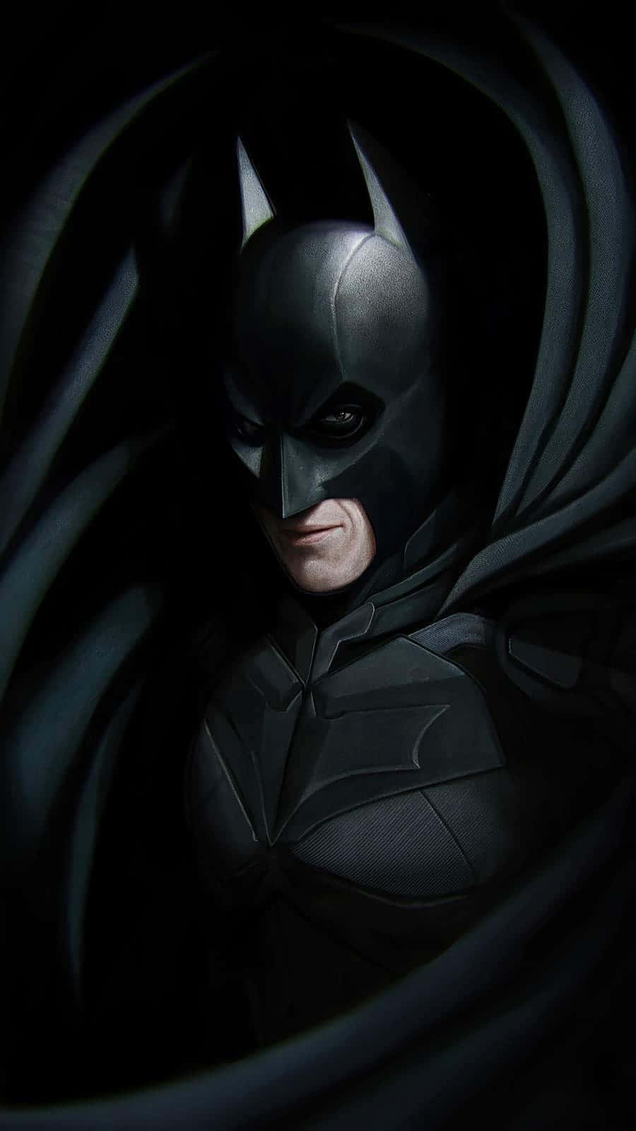 Batman Arkham Knight 桌布 壁紙 — 蝙蝠俠從旋轉的黑暗中戲劇性地特寫出現，眼神銳利，表情嚴肅。