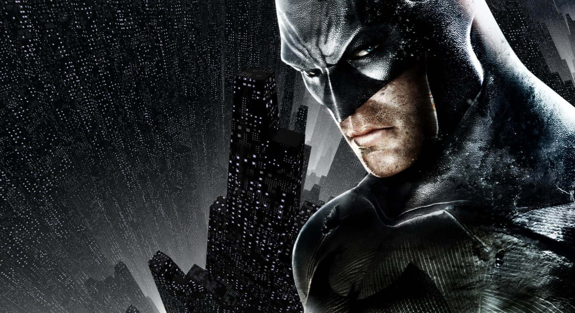 Gotham City 桌布 壁紙 — 蝙蝠俠從濕漉漉的高譚市天際線在夜晚凝視，城市燈光閃爍。