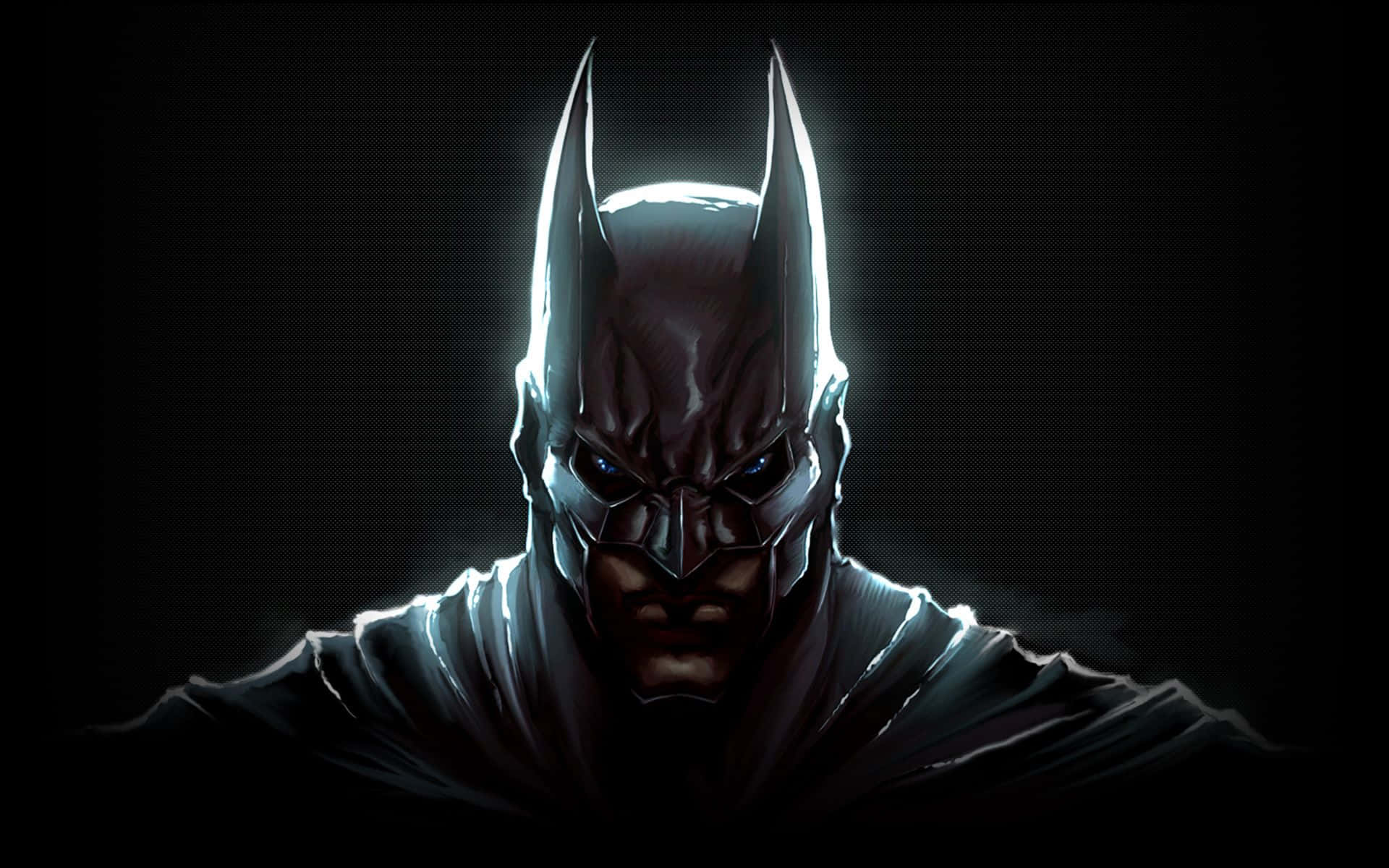 1920 X 1080 Batman 桌布 壁紙 — 蝙蝠俠從黑暗中強烈凝視，眼睛發光，頭罩輪廓銳利，背景為黑色。