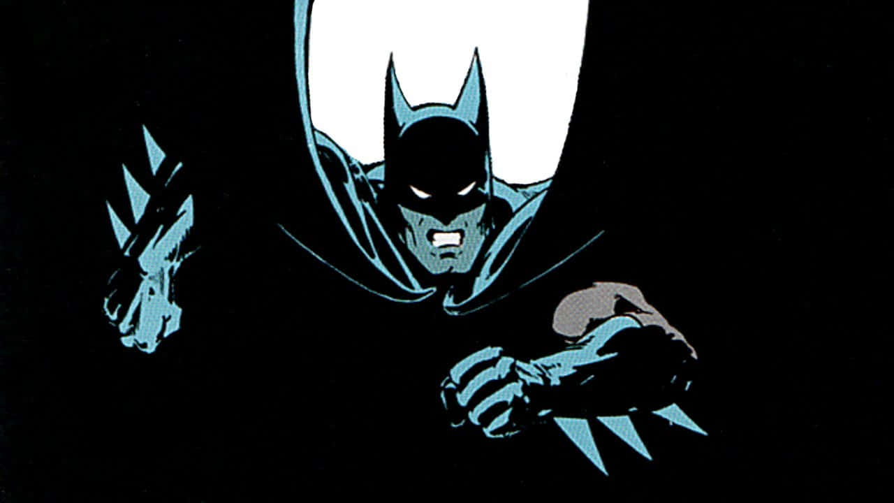 Batman Year One 桌布 壁紙 — 蝙蝠俠從黑暗中現身，黑色背景上帶有發光的藍色亮點，呈現動態漫畫姿勢。