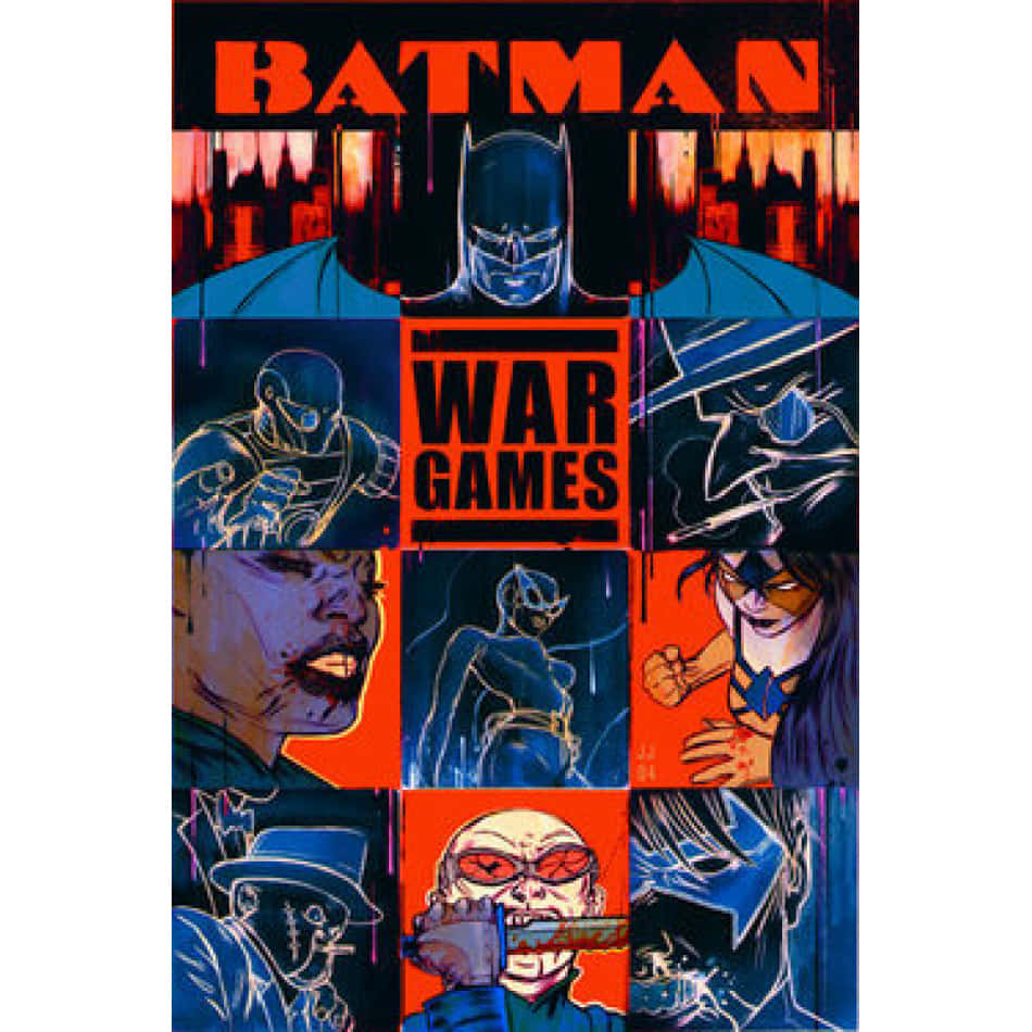 Batman War Games 桌布 壁紙 — 蝙蝠俠戰爭遊戲漫畫封面，採用大膽的紅色和藍色面板，展示蝙蝠俠和各種角色在激烈的動作姿勢中。