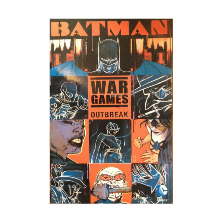 Batman War Games 桌布 壁紙 — 蝙蝠俠戰爭遊戲爆發漫畫書封面，以熾熱城市景觀為背景，呈現強烈角色肖像網格。