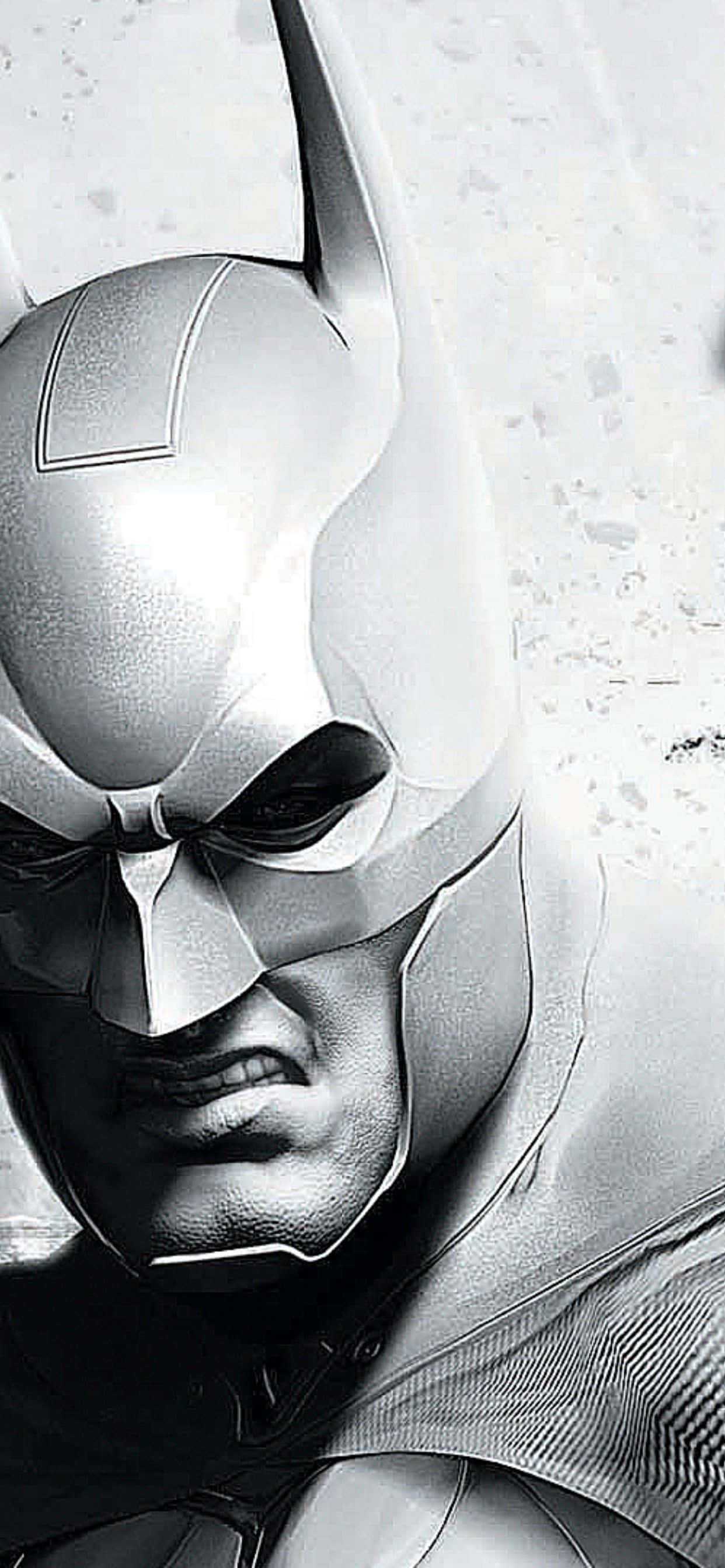 iPhone Xs Max Batman Arkham City 桌布 壁紙 — 蝙蝠俠戴著面具的臉部特寫，眼神銳利，下巴緊繃，背景為有紋理的灰色。