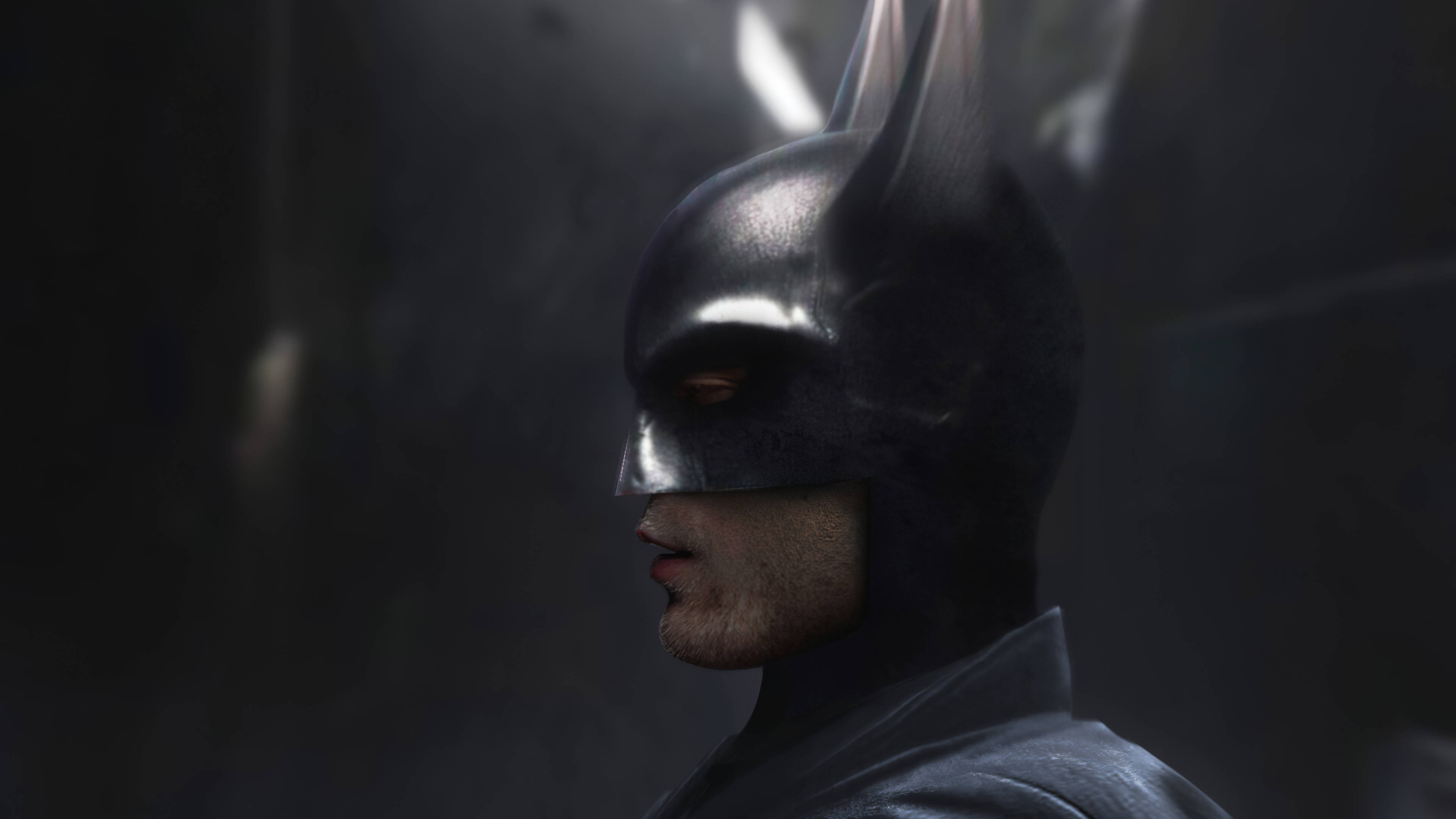 The Batman 桌布 壁紙 — 蝙蝠俠戴著黑色頭罩，在陰暗的城市小巷中凝視，眼睛發光，質感粗糙。