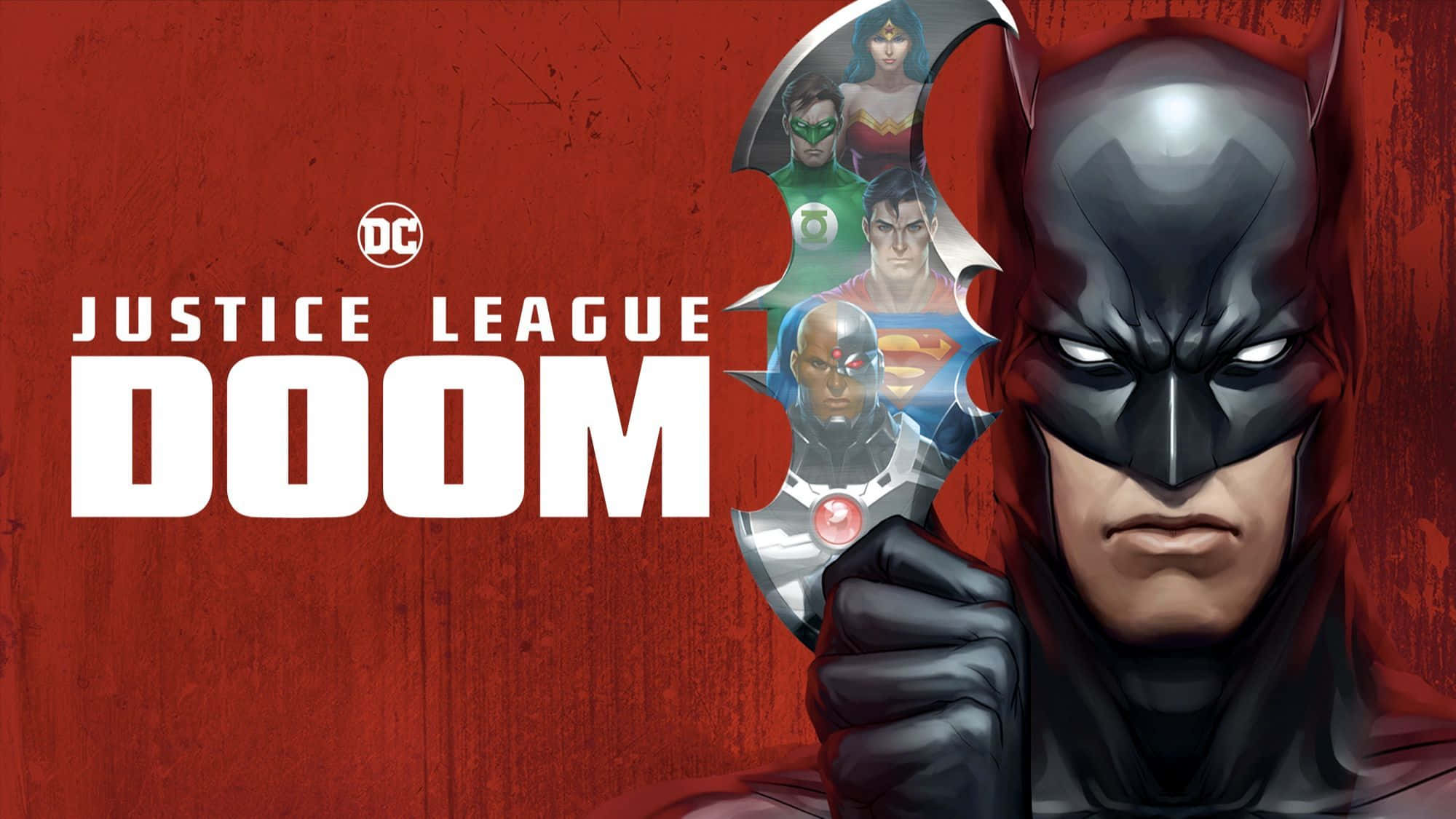 Justice League Doom 桌布 壁紙 — 蝙蝠俠手持破碎的盾牌，在紋理紅色的背景上顯露出其他正義聯盟英雄。