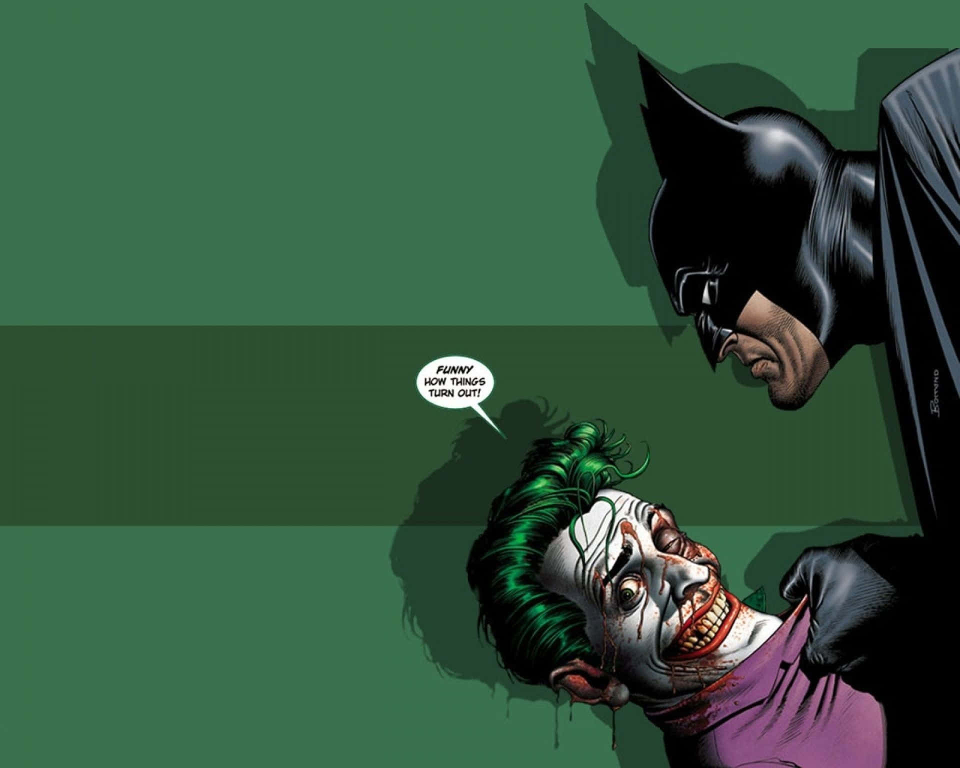 The Joker Comic 桌布 壁紙 — 蝙蝠俠抓住小丑的喉嚨，背景是鮮明的綠色，小丑狂笑著，血從他嘴裡滴下。