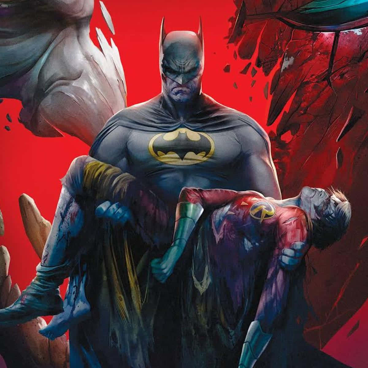 Batman And Robin 桌布 壁紙 — 蝙蝠俠抱著一名受傷的超級英雄，背景是破碎的紅色，呈現出戲劇性的漫畫插圖。