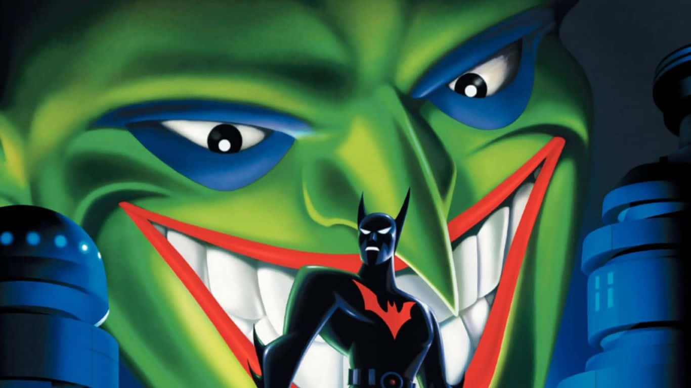 Batman Cartoon 桌布 壁紙 — 蝙蝠俠挑釁地站在一個巨大、帶有鋒利牙齒和發光眼睛的綠色小丑臉前。