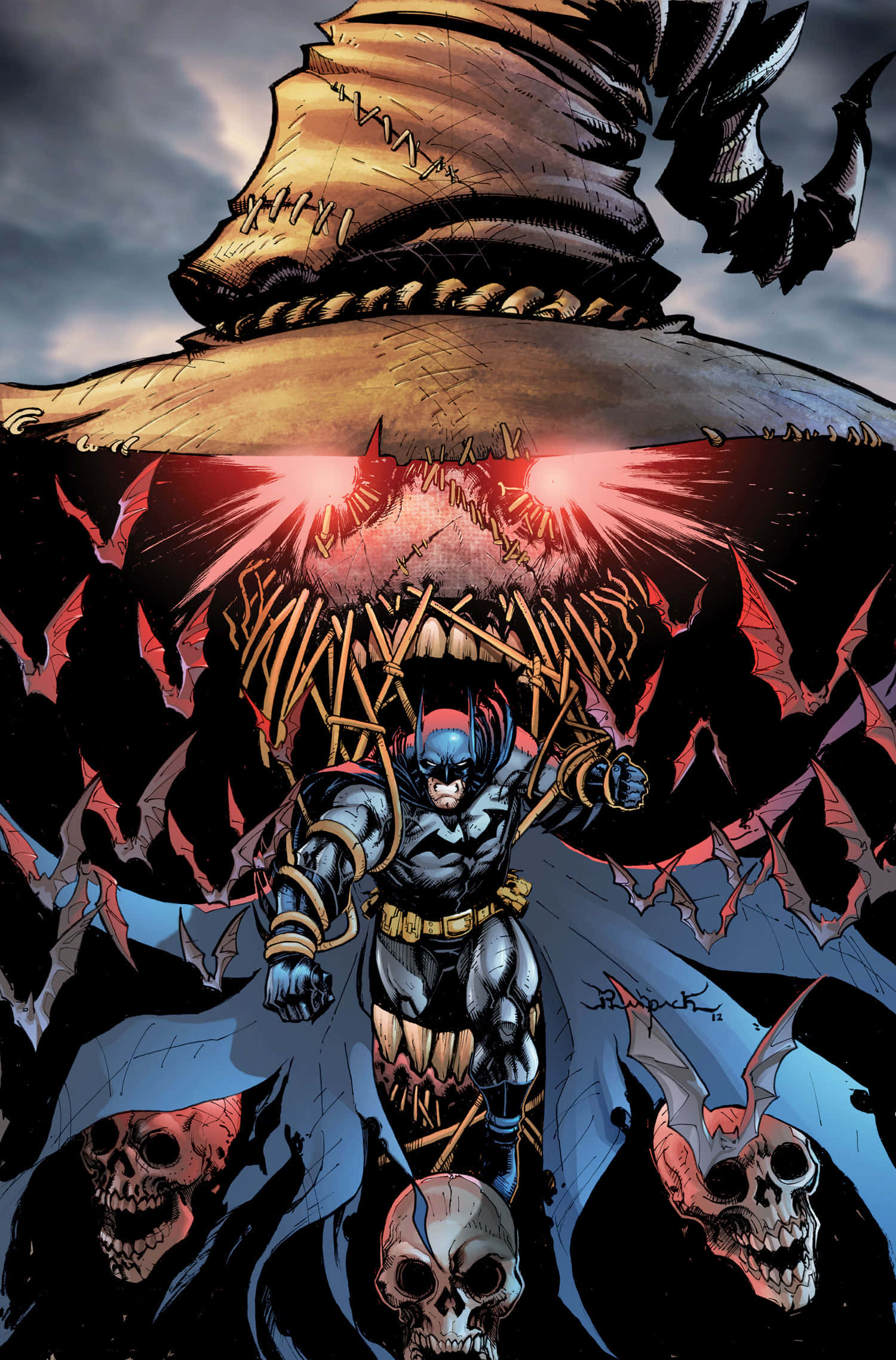 Legends Of The Dark Knight 桌布 壁紙 — 蝙蝠俠挑釁地站在一個縫製的怪物帽子前，帽子有發光的紅色眼睛和飛翔的蝙蝠，背景是暴風雨的天空。