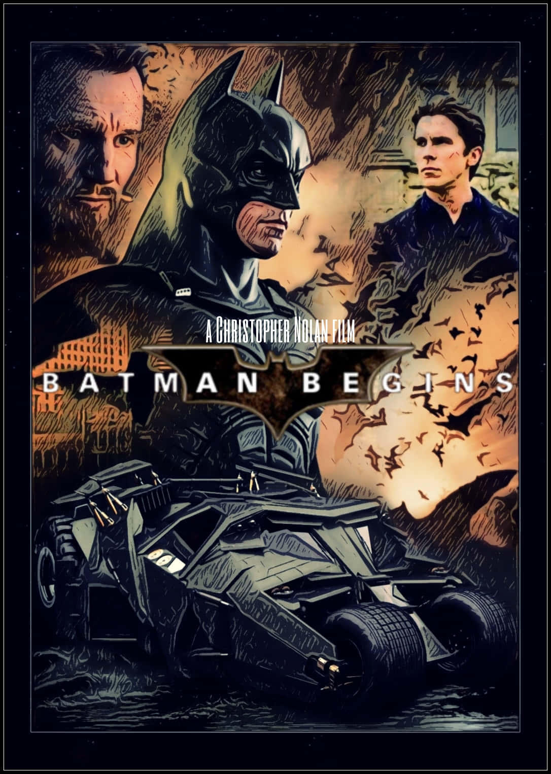 Batman Begins 桌布 壁紙 — 蝙蝠俠挑釁地站在他的裝甲車上，蝙蝠在他身後成群飛舞，兩側是兩個強勢的男人，風格 gritty 漫畫。